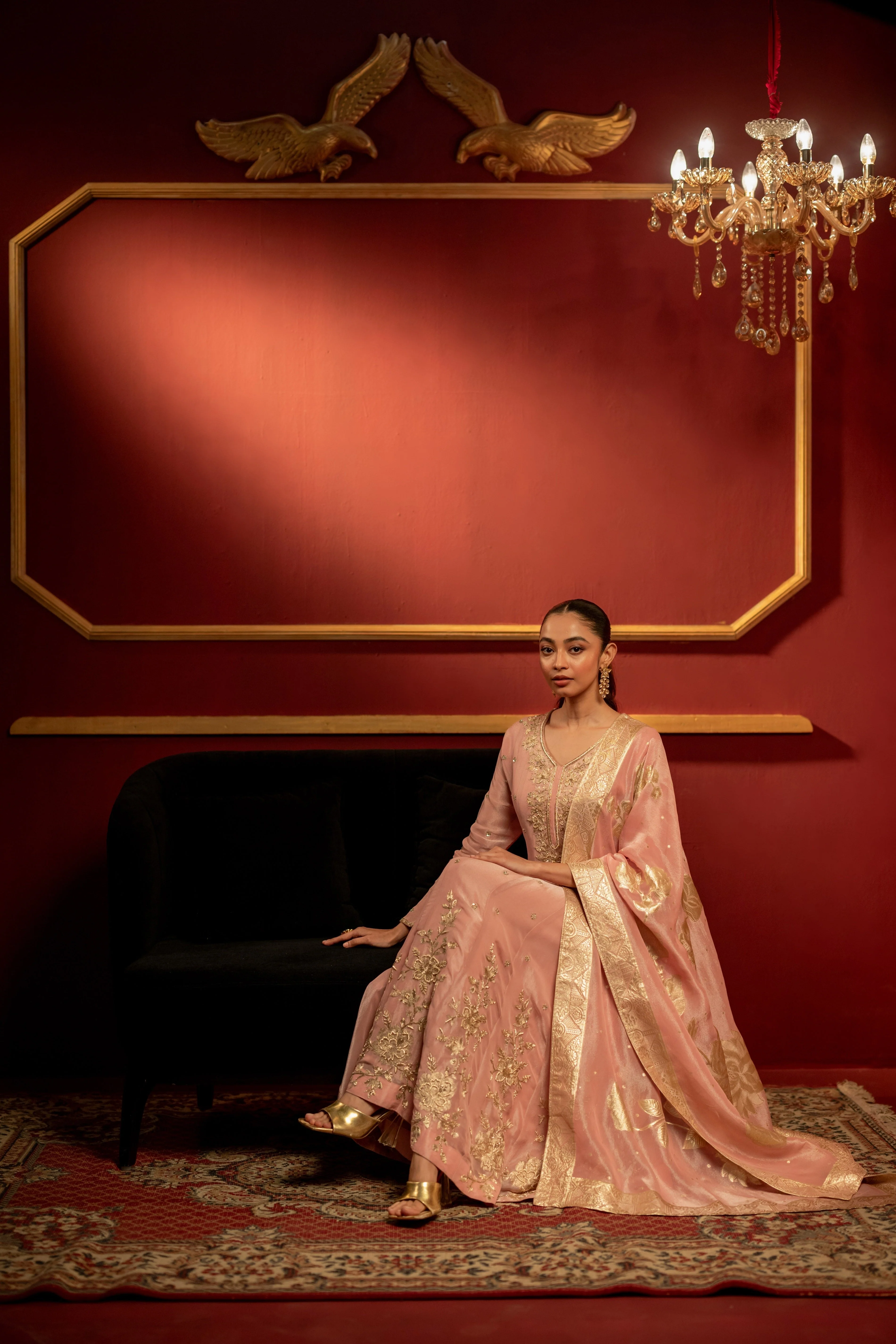 Pale Pink Embellished Shimmer Tissue Silk Anarkali Set - Image 3