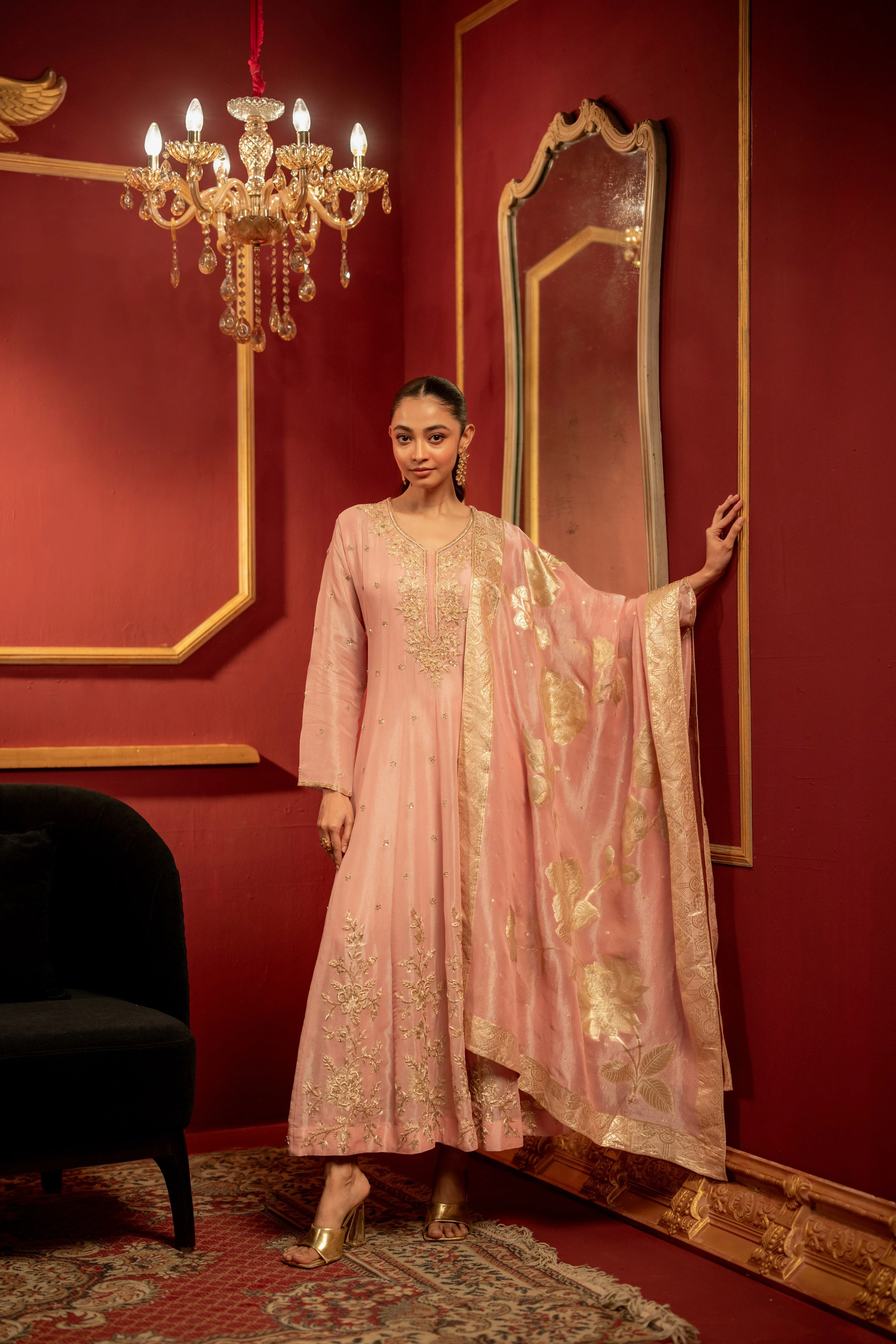 Pale Pink Embellished Shimmer Tissue Silk Anarkali Set - Image 4