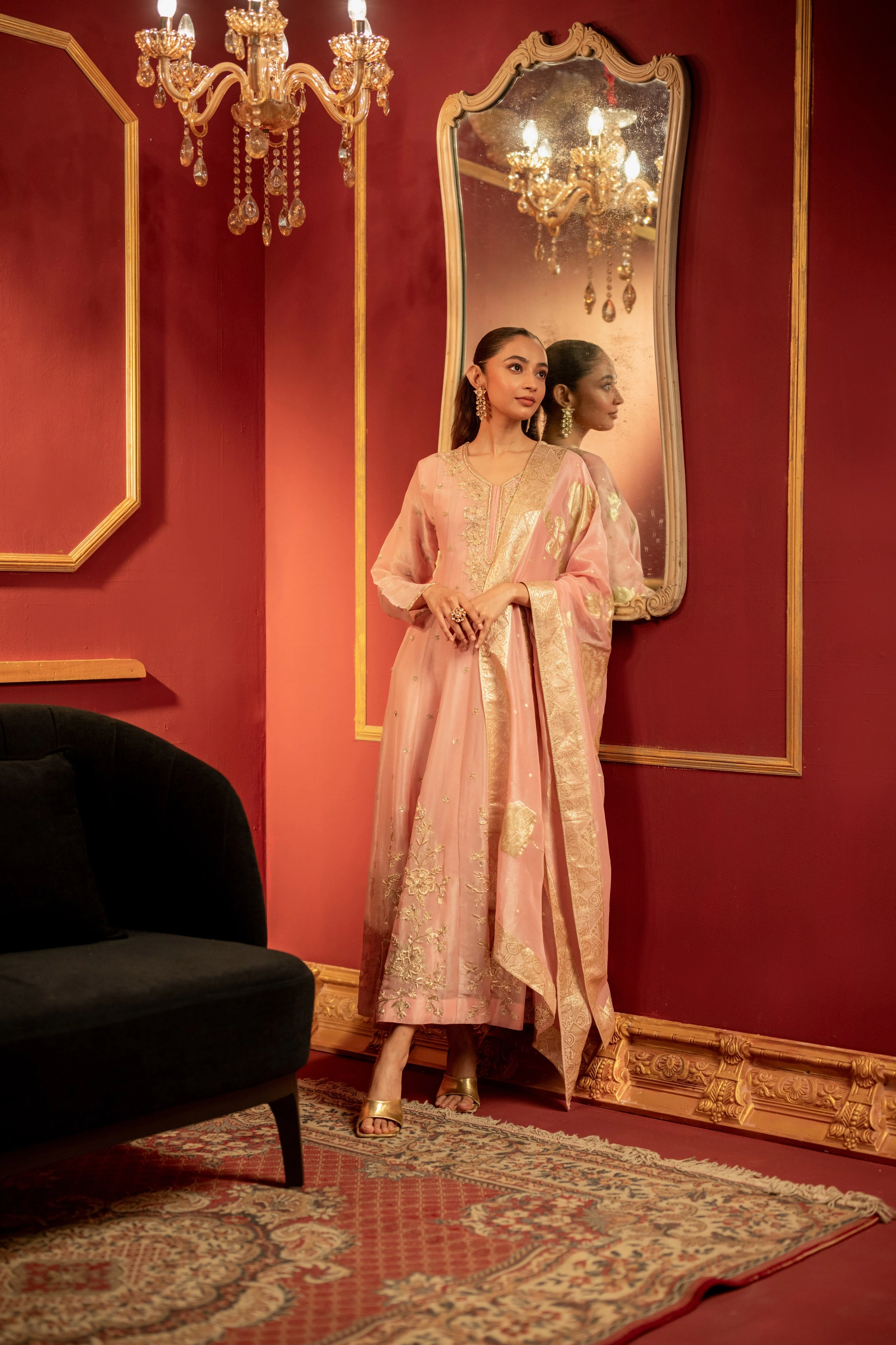 Pale Pink Embellished Shimmer Tissue Silk Anarkali Set - Image 5