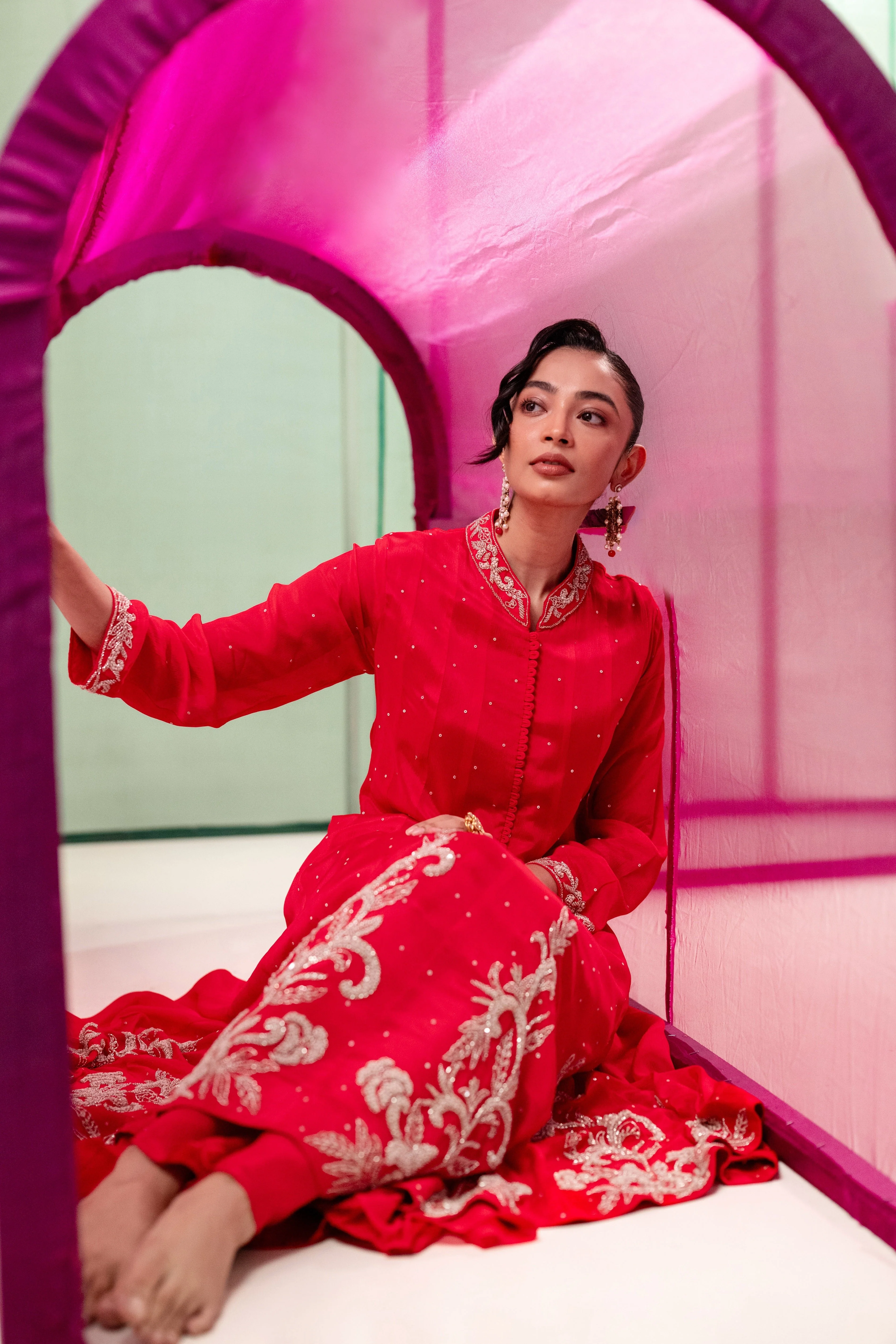 Scarlet Red Embellished Chinon Silk Anarkali Set - Image 2