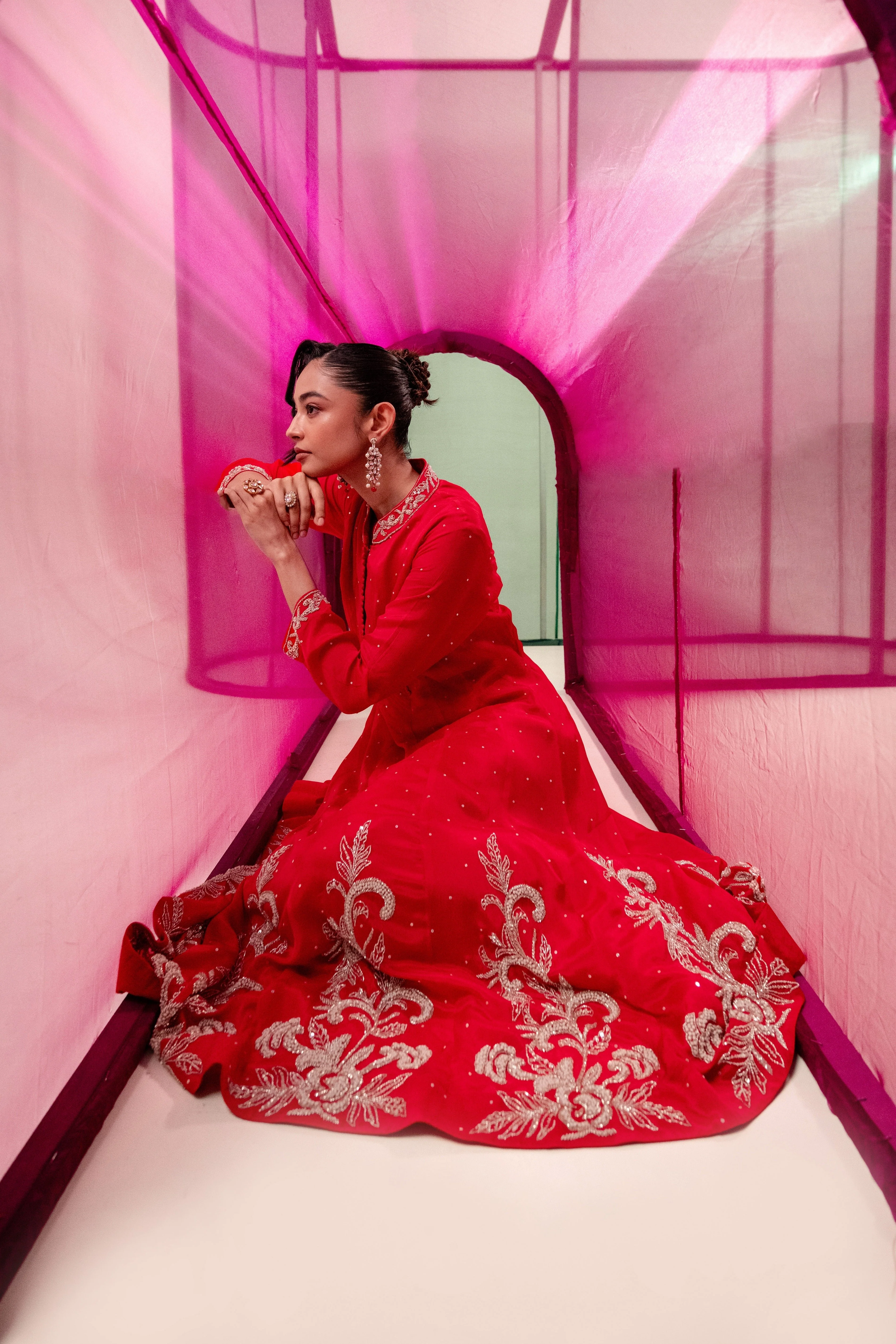 Scarlet Red Embellished Chinon Silk Anarkali Set - Image 3