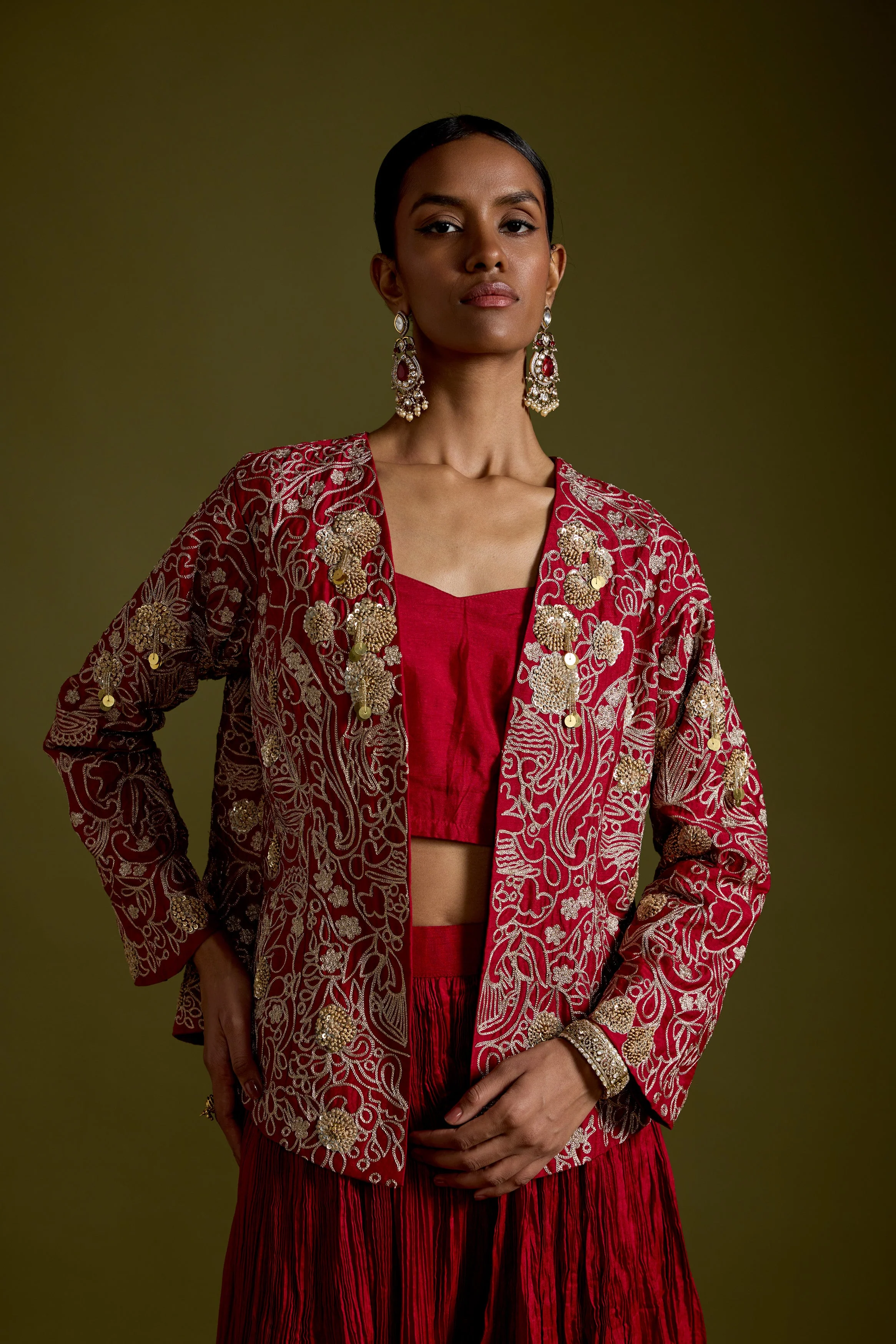 Crimson Red Embellished Organic Cotton Palazzo Set - Image 3