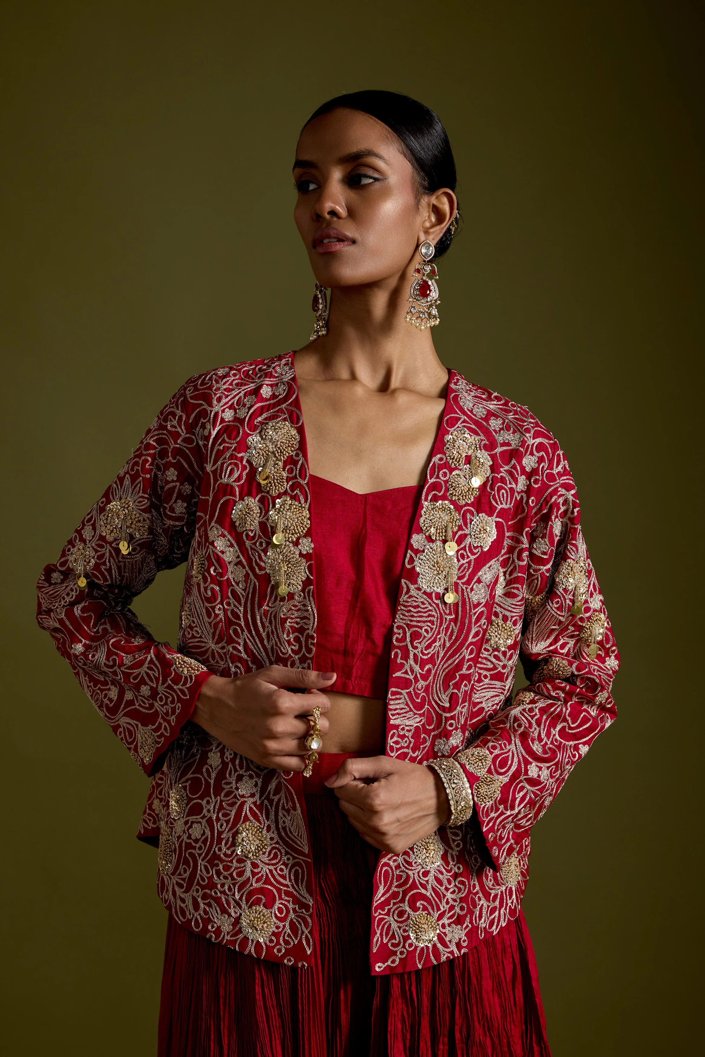 Crimson Red Embellished Organic Cotton Palazzo Set - Image 4