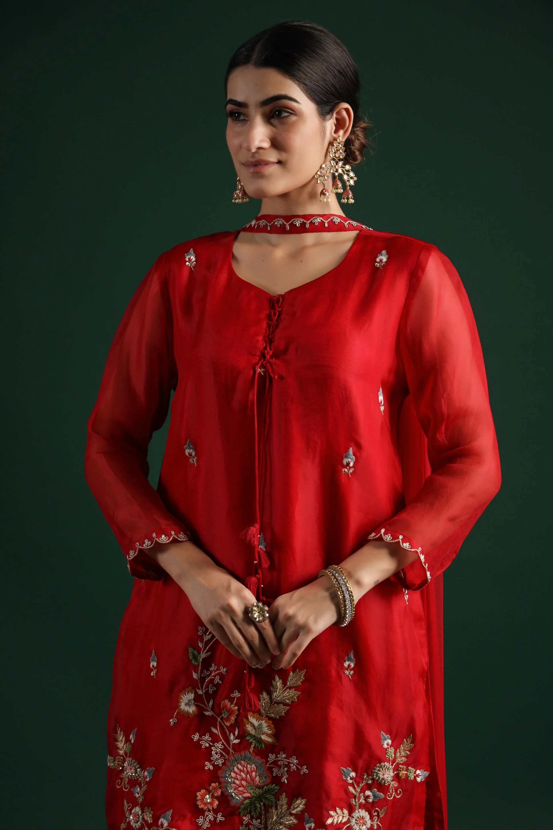 Deep Red Embellished Premium Silk Sharara Set - Image 2