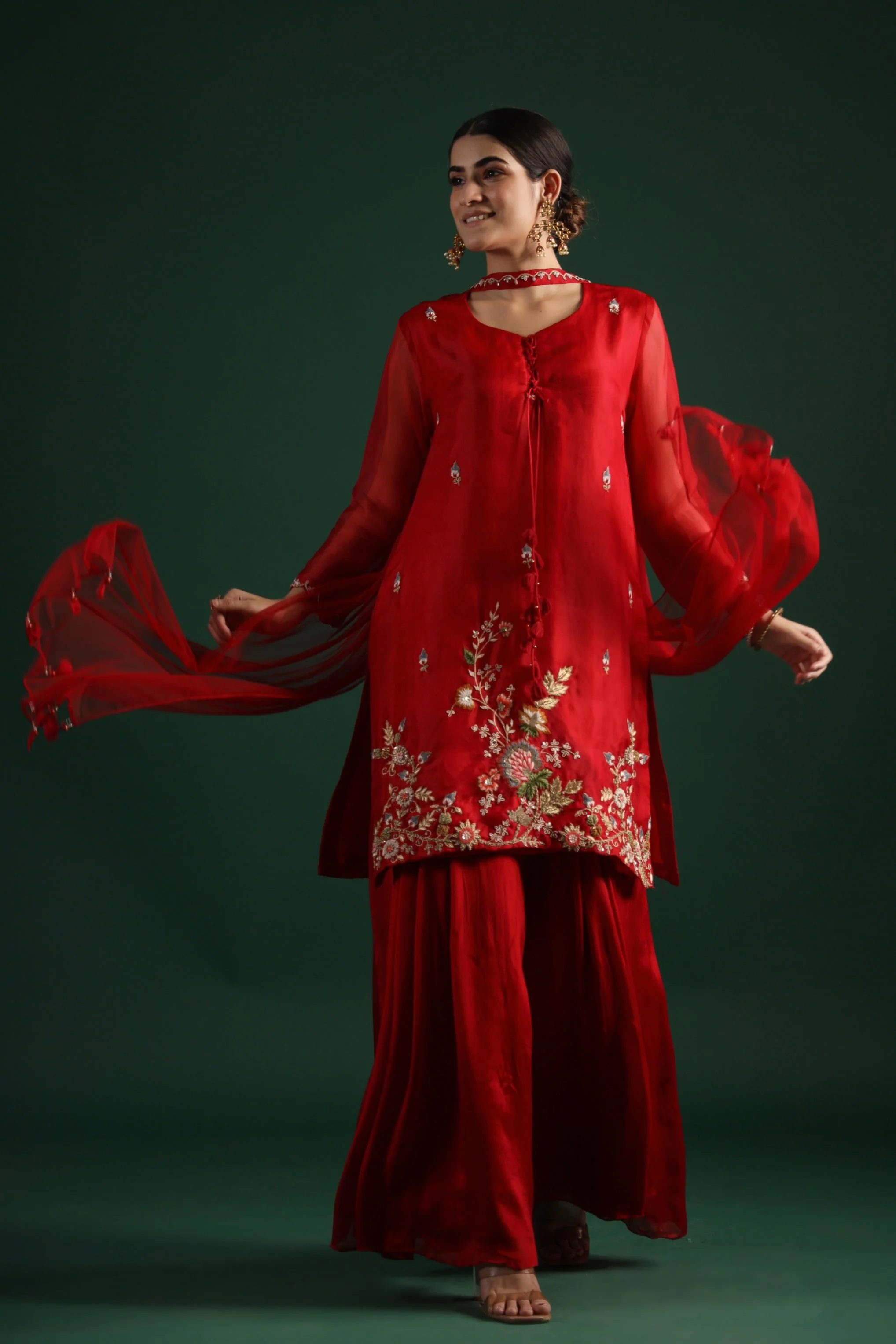 Deep Red Embellished Premium Silk Sharara Set - Image 3