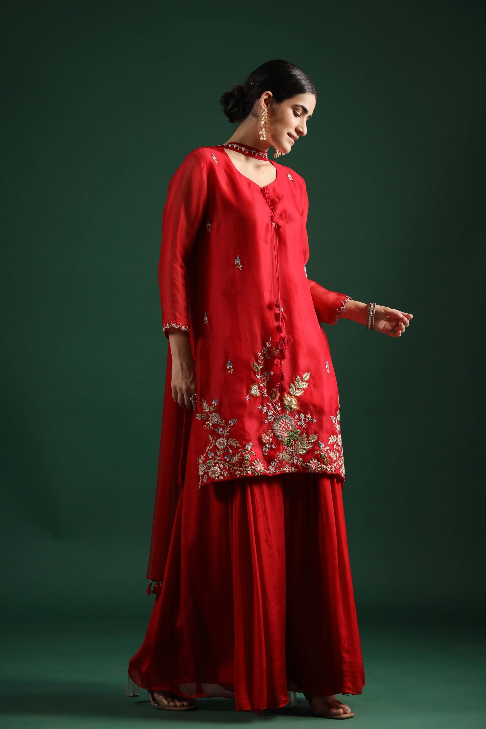 Deep Red Embellished Premium Silk Sharara Set - Image 4