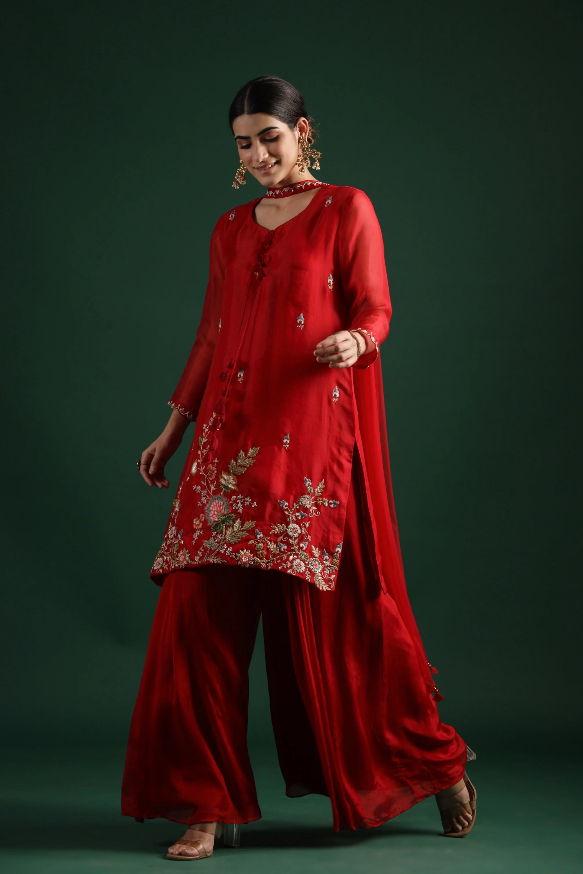 Deep Red Embellished Premium Silk Sharara Set - Image 5