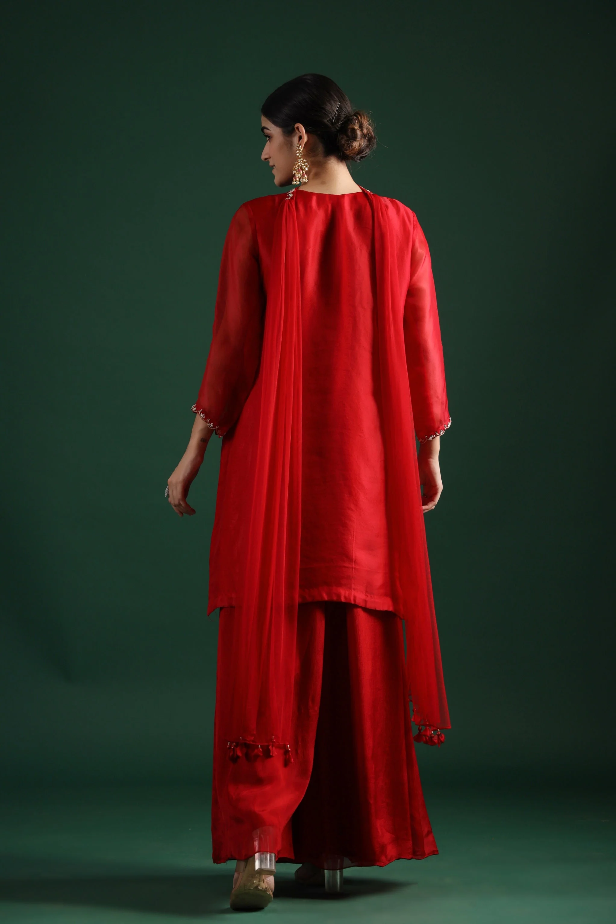 Deep Red Embellished Premium Silk Sharara Set - Image 6
