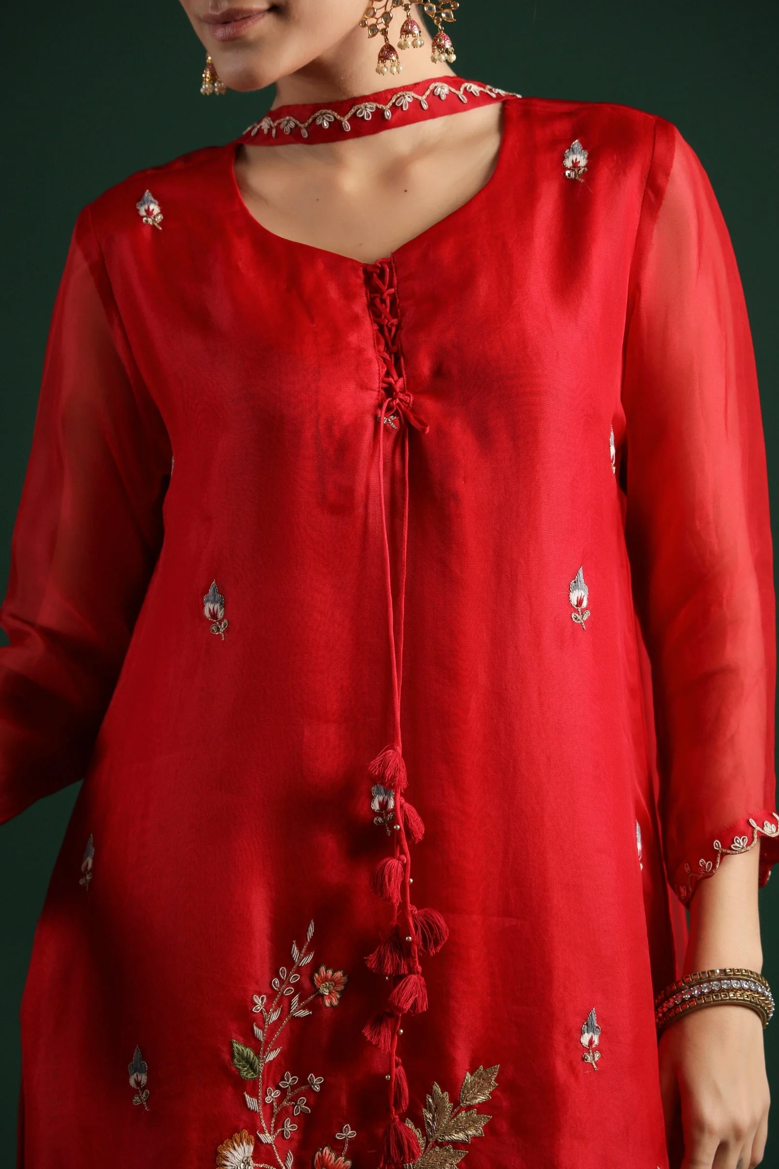 Deep Red Embellished Premium Silk Sharara Set - Image 7