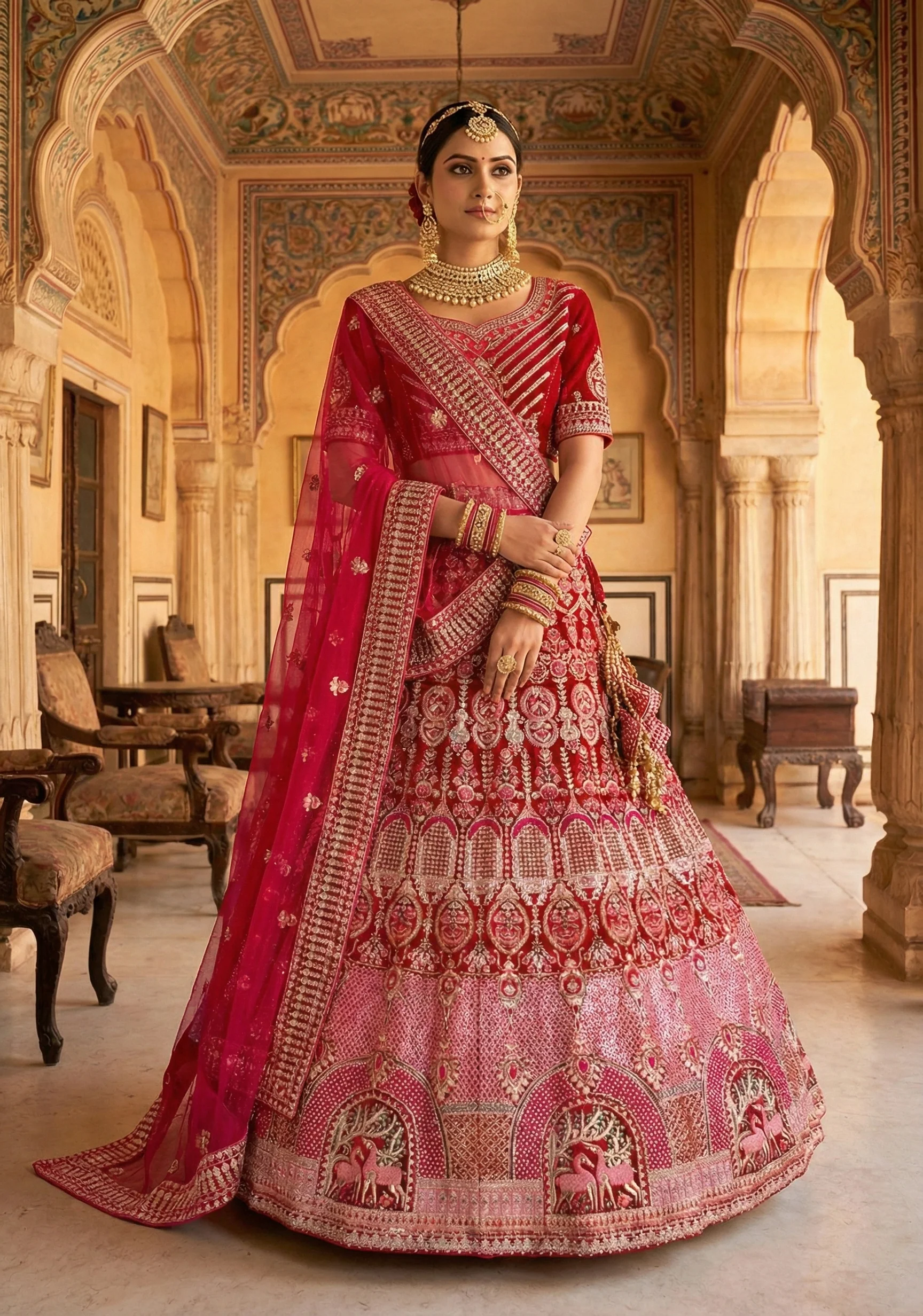 Deep Red Embellished Premium Velvet Lehenga Set