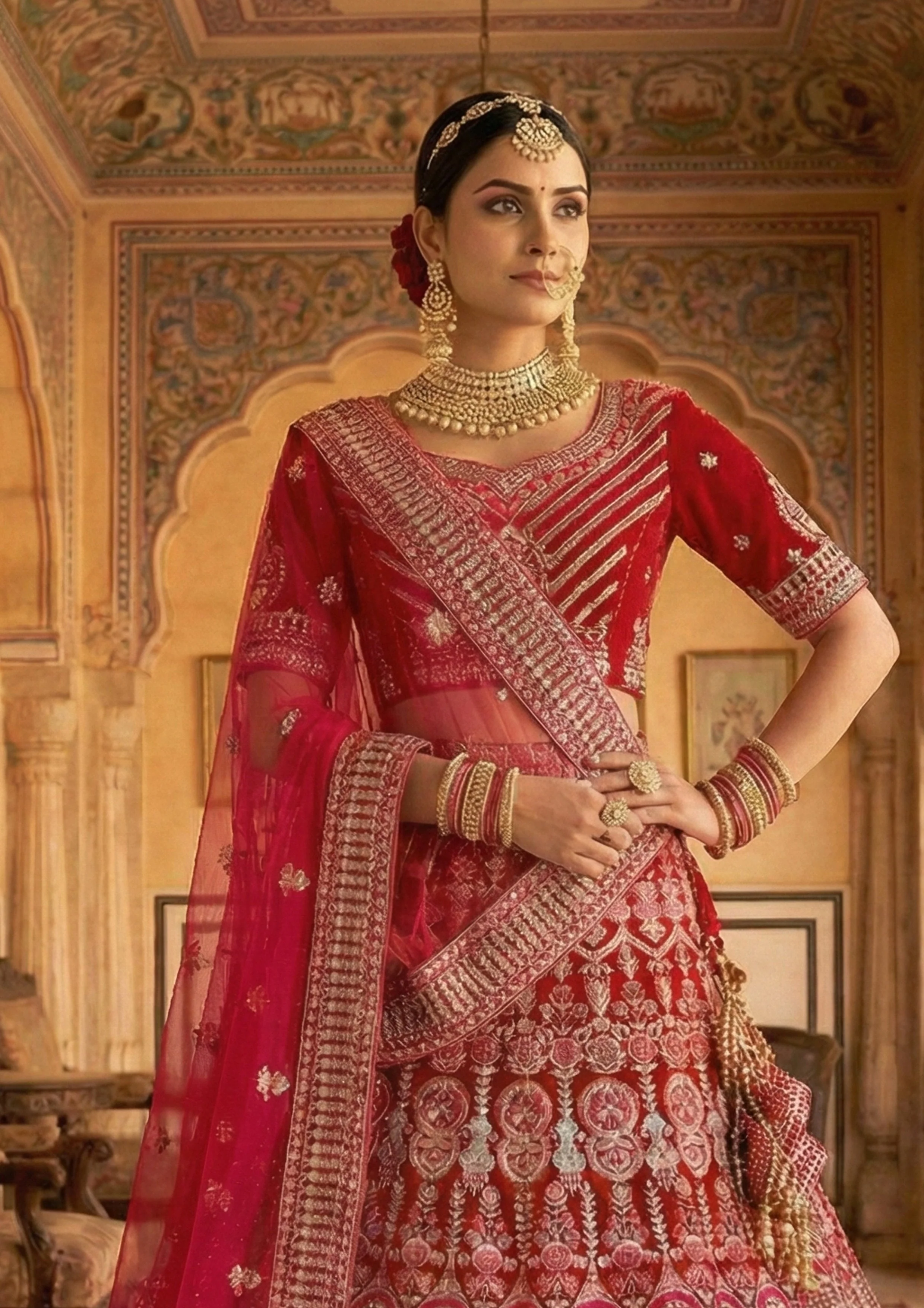 Deep Red Embellished Premium Velvet Lehenga Set - Image 2