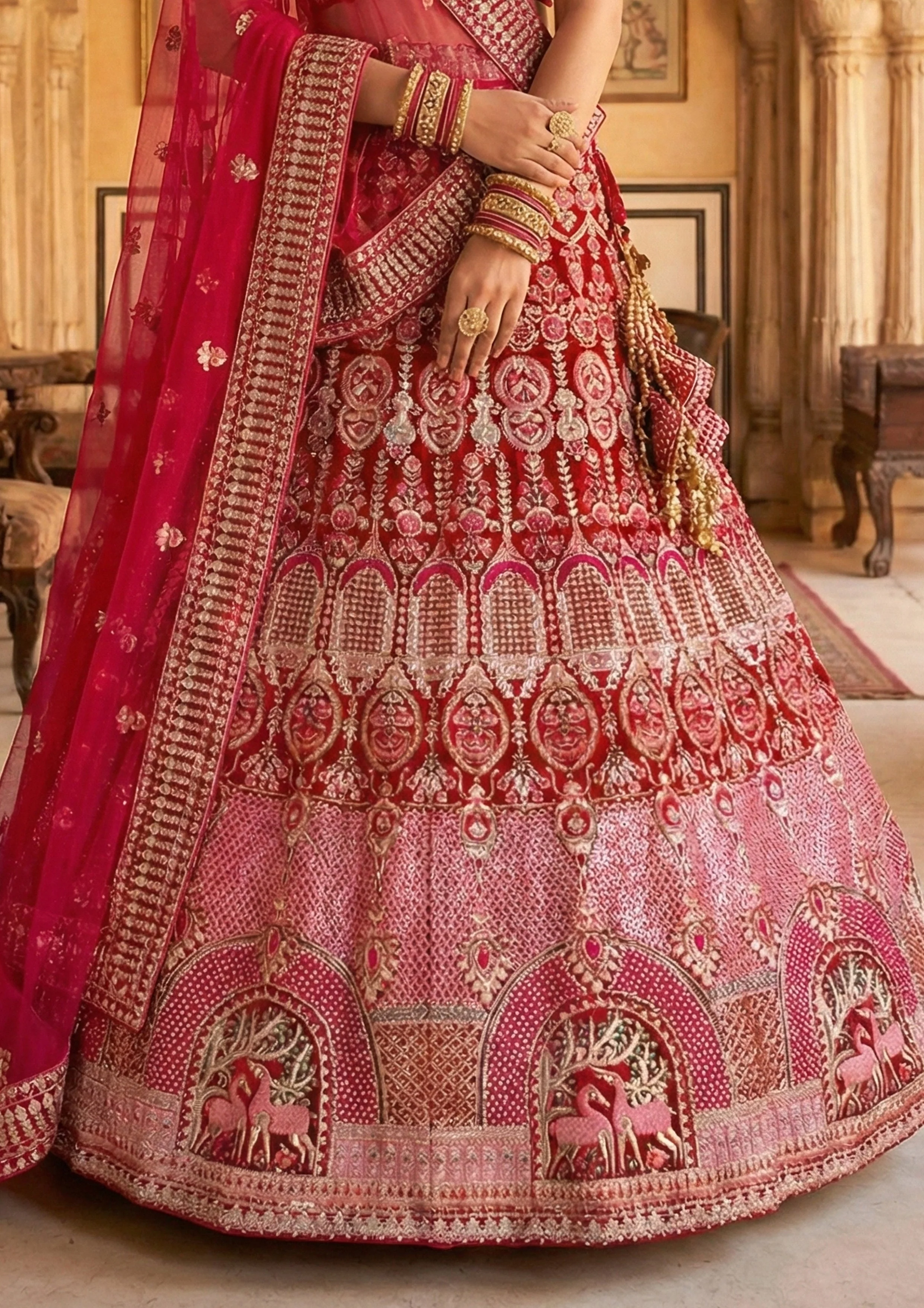 Deep Red Embellished Premium Velvet Lehenga Set - Image 3