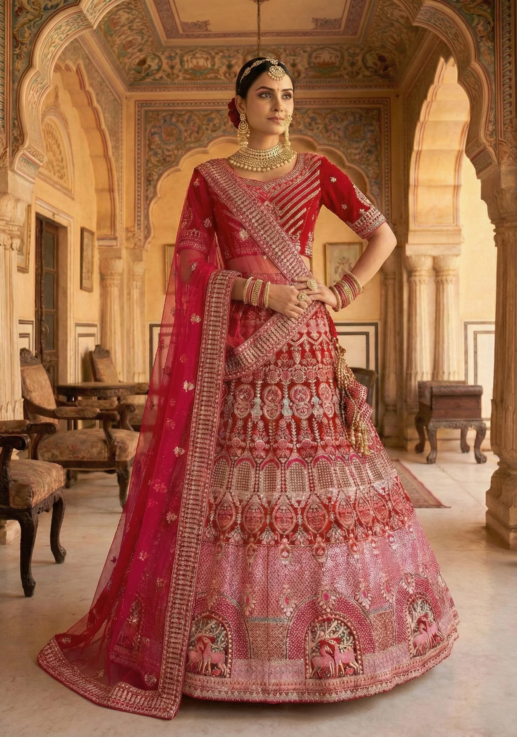 Deep Red Embellished Premium Velvet Lehenga Set - Image 4
