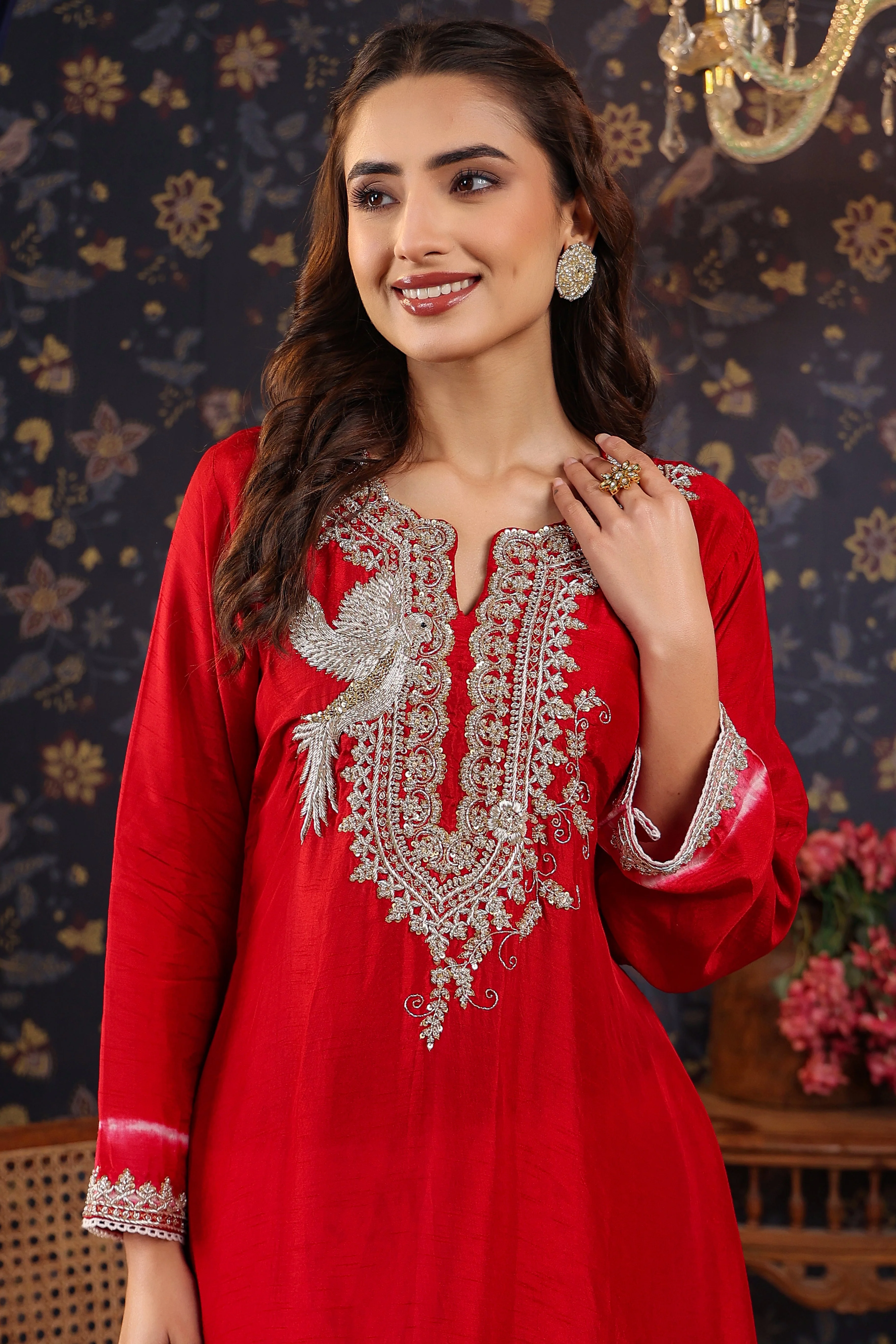 Deep Red Embellished Raw Silk Pants Set - Image 2