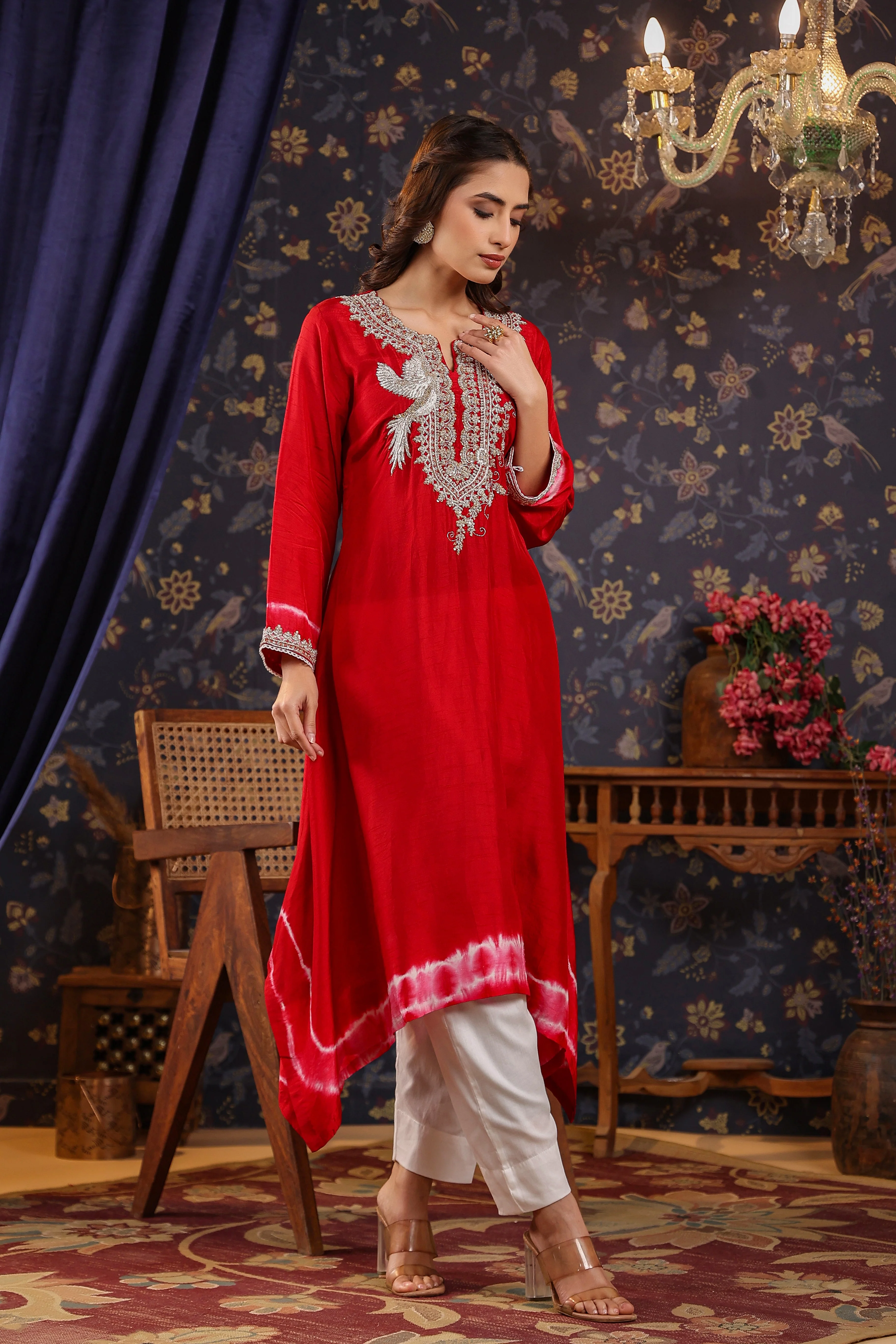 Deep Red Embellished Raw Silk Pants Set - Image 3