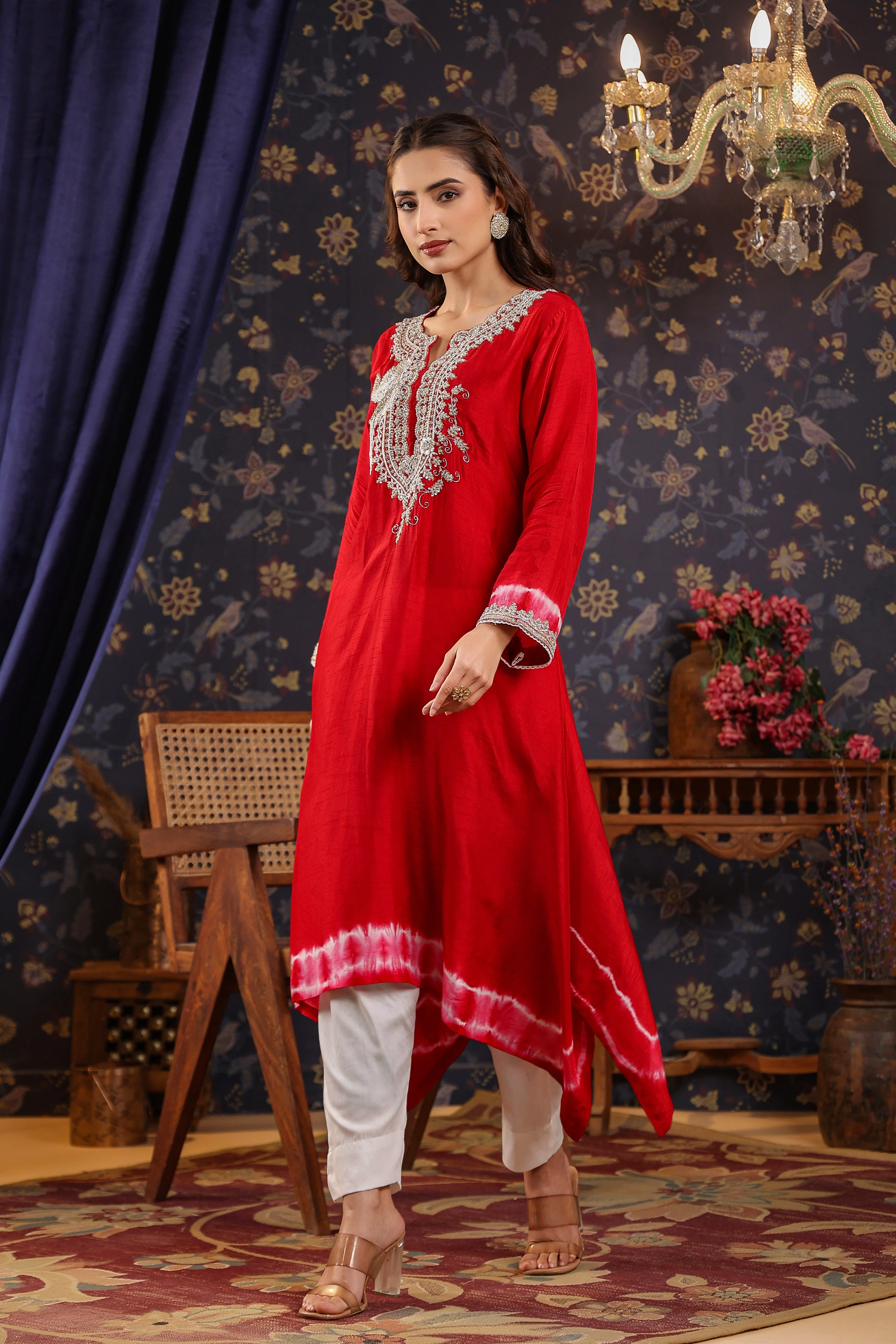 Deep Red Embellished Raw Silk Pants Set - Image 4