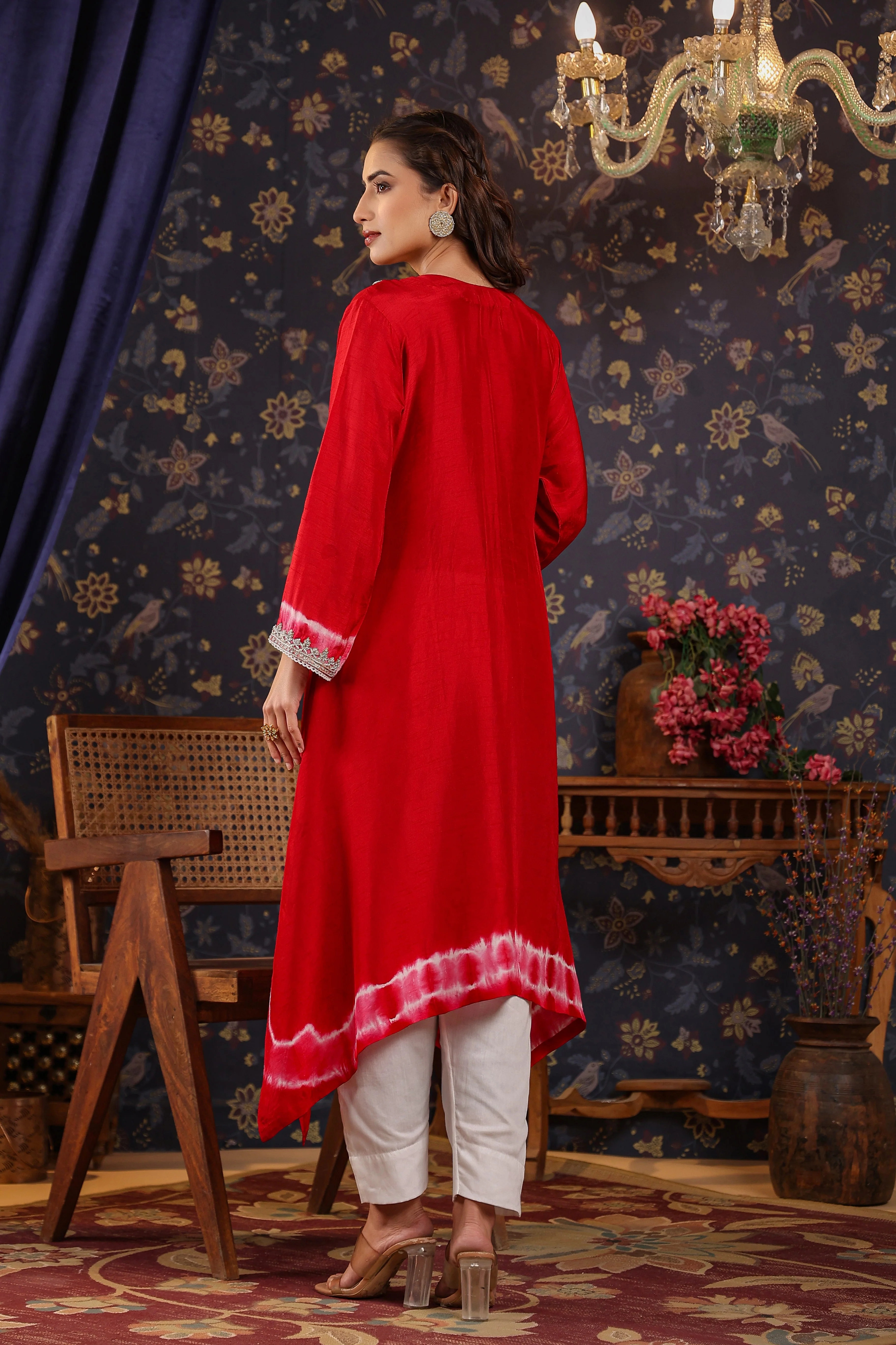 Deep Red Embellished Raw Silk Pants Set - Image 5