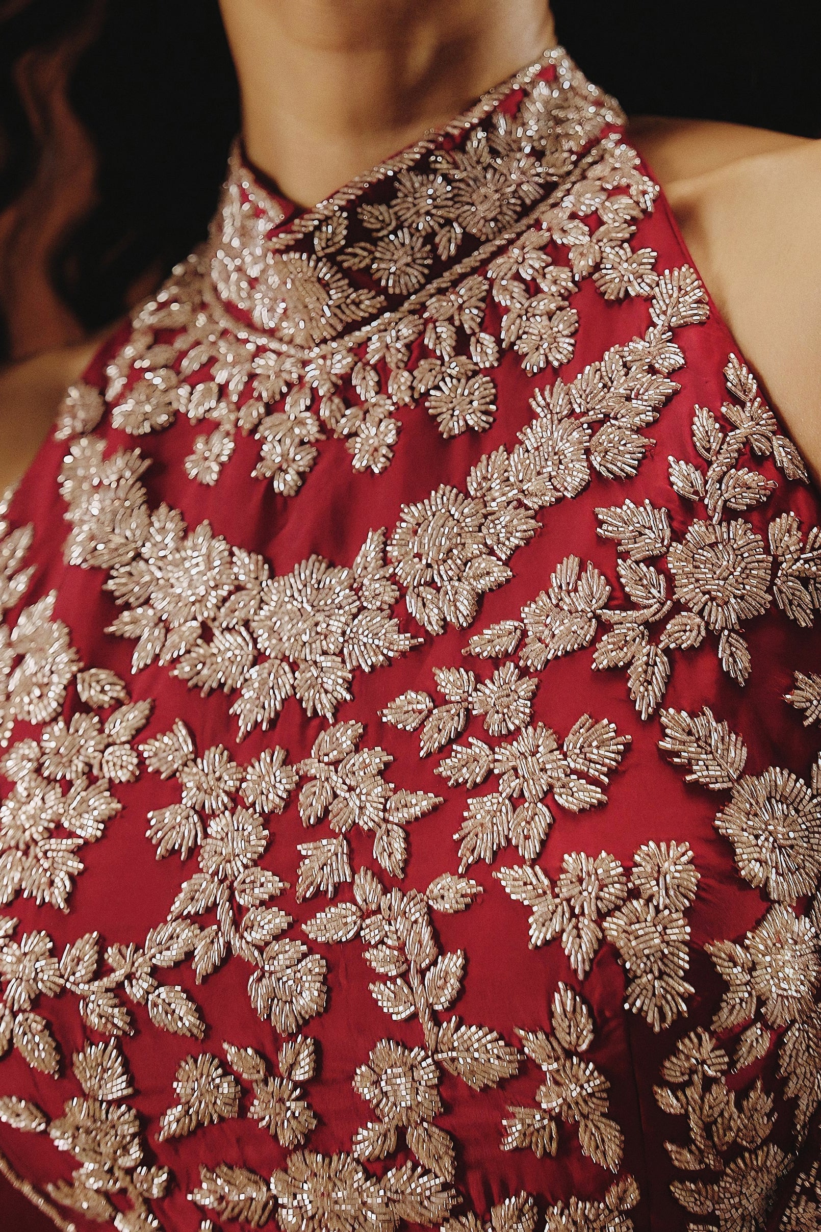 Deep Red Embellished Soft Organza Silk Palazzo Set - Image 2