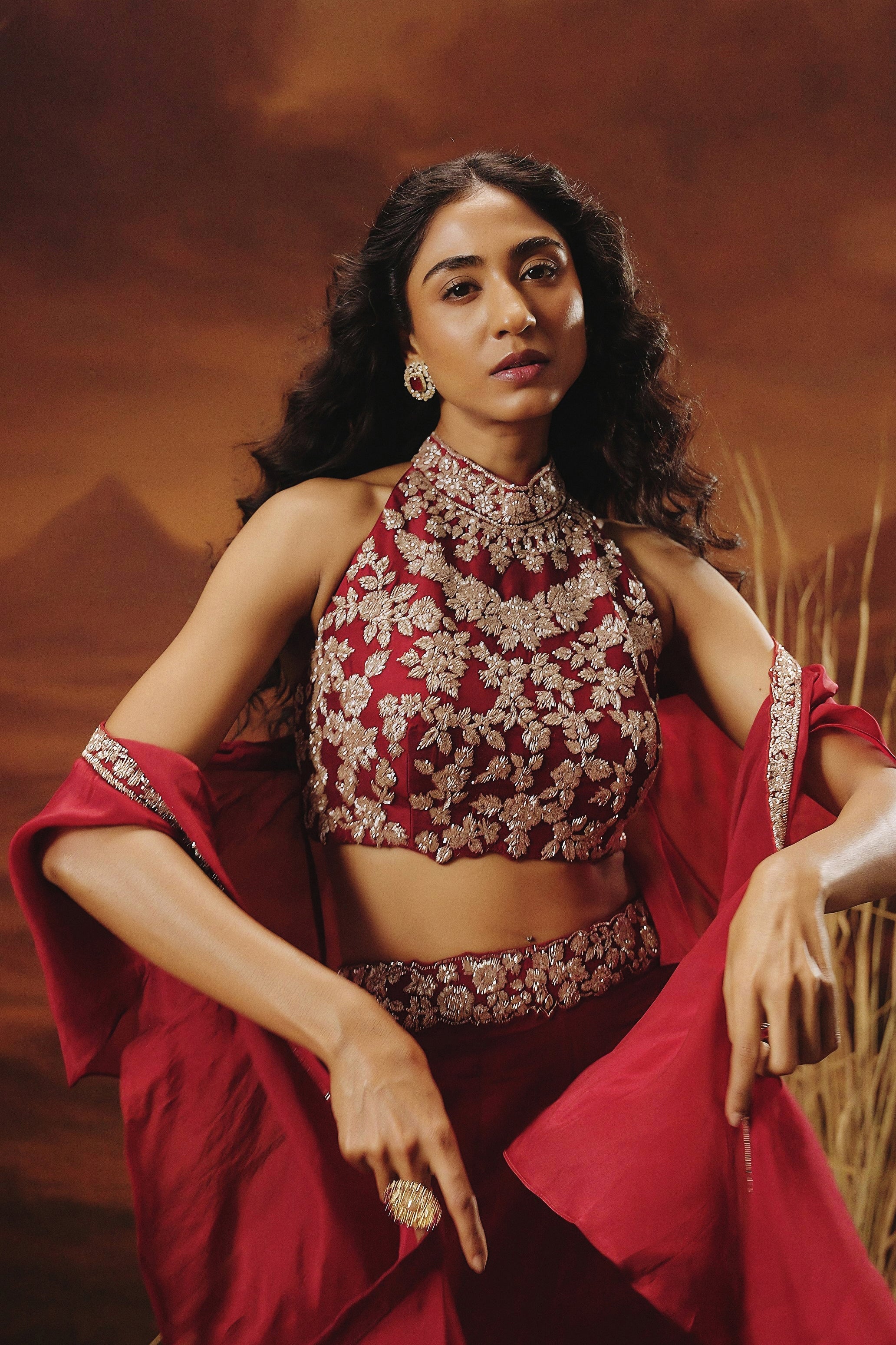 Deep Red Embellished Soft Organza Silk Palazzo Set - Image 3