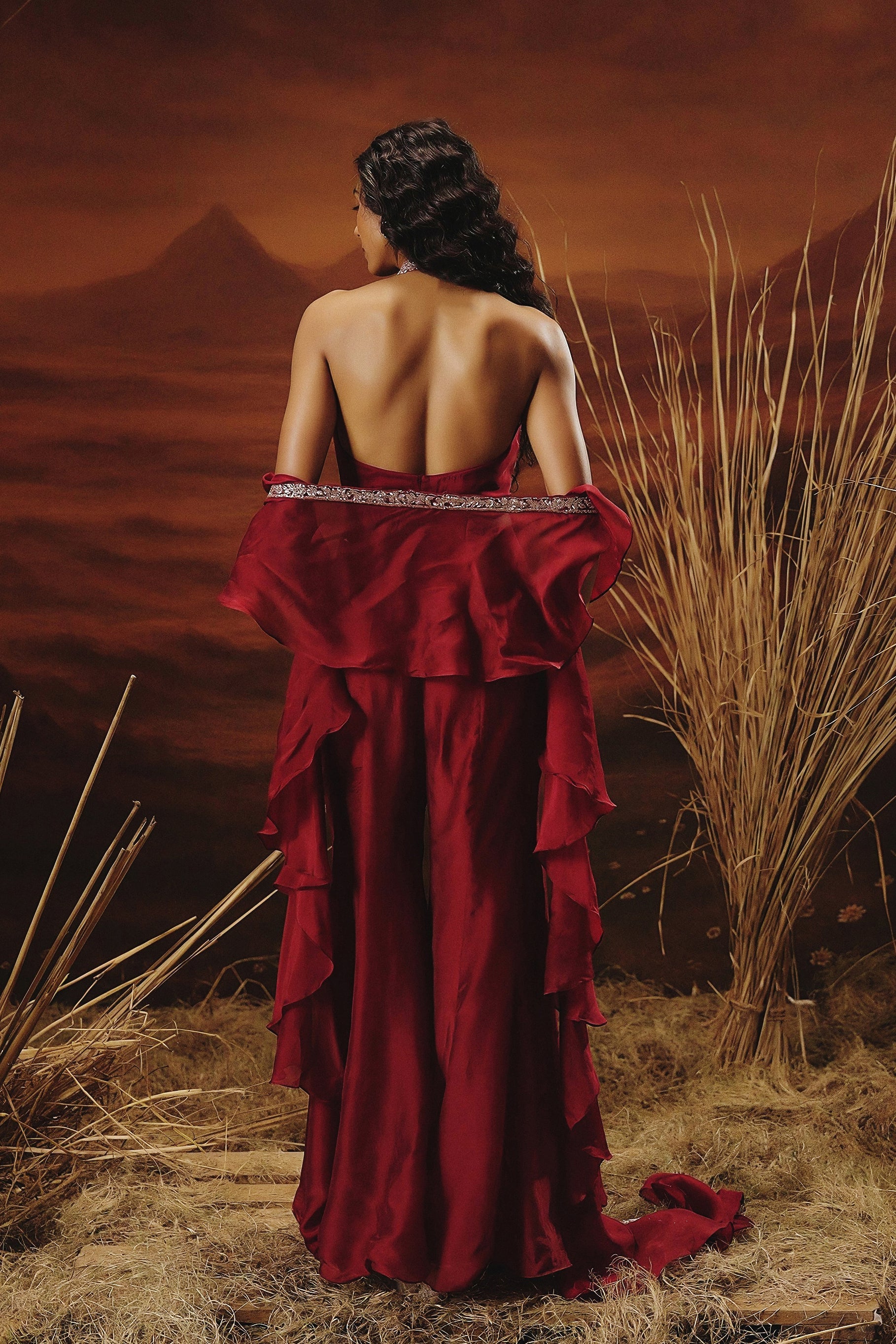 Deep Red Embellished Soft Organza Silk Palazzo Set - Image 6