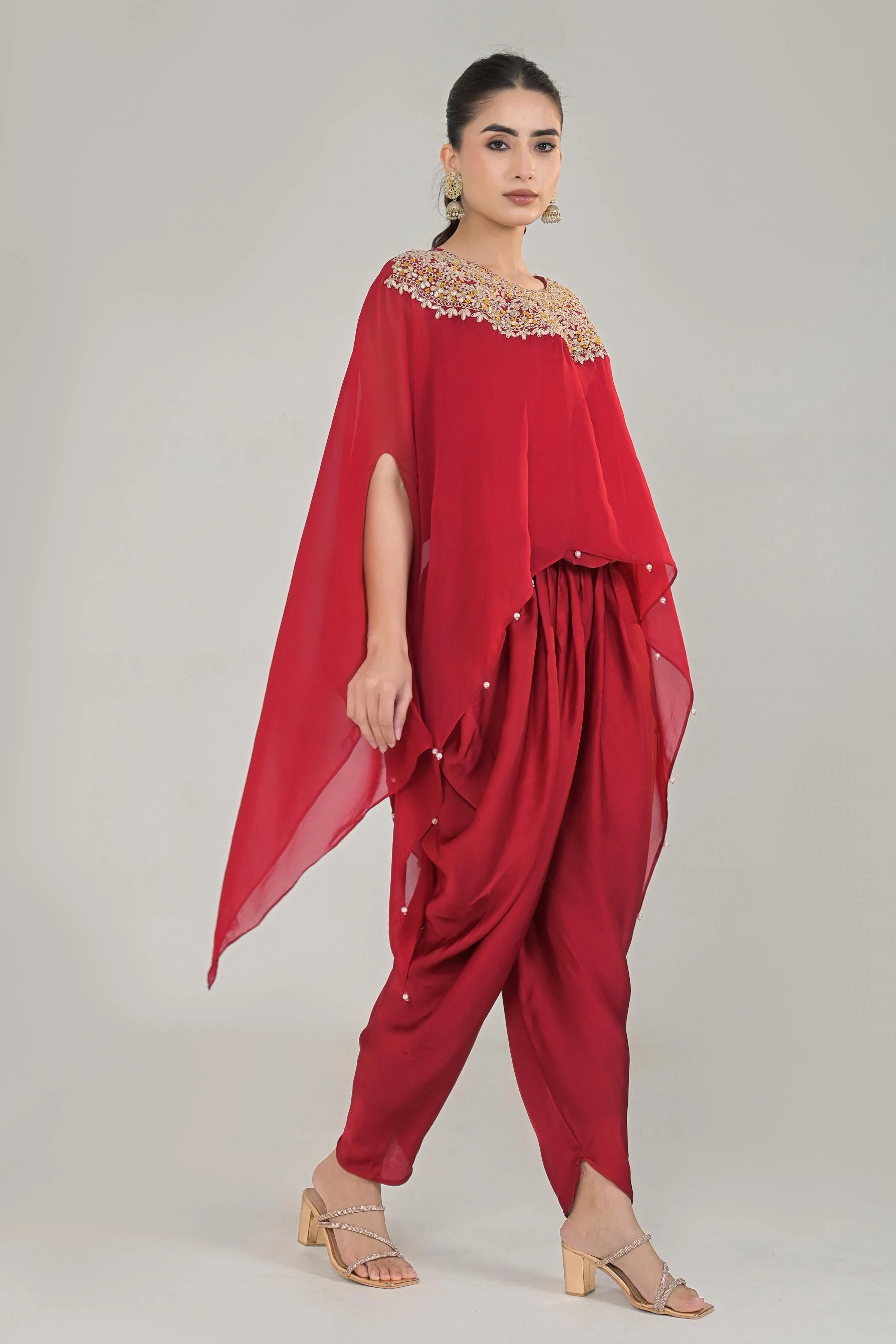 Deep Red Embroidered Organza Silk Kaftan Set - Image 3