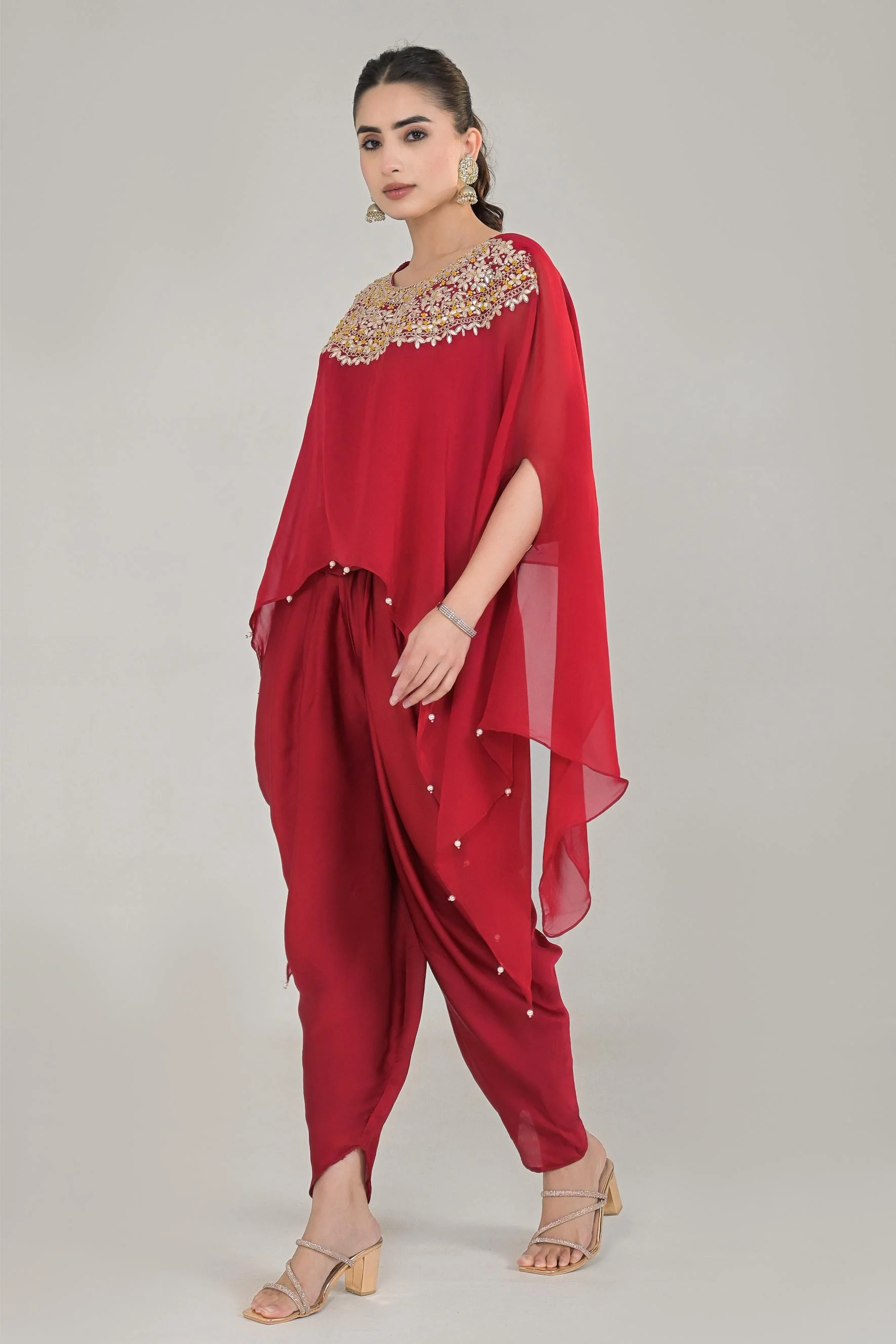 Deep Red Embroidered Organza Silk Kaftan Set - Image 4