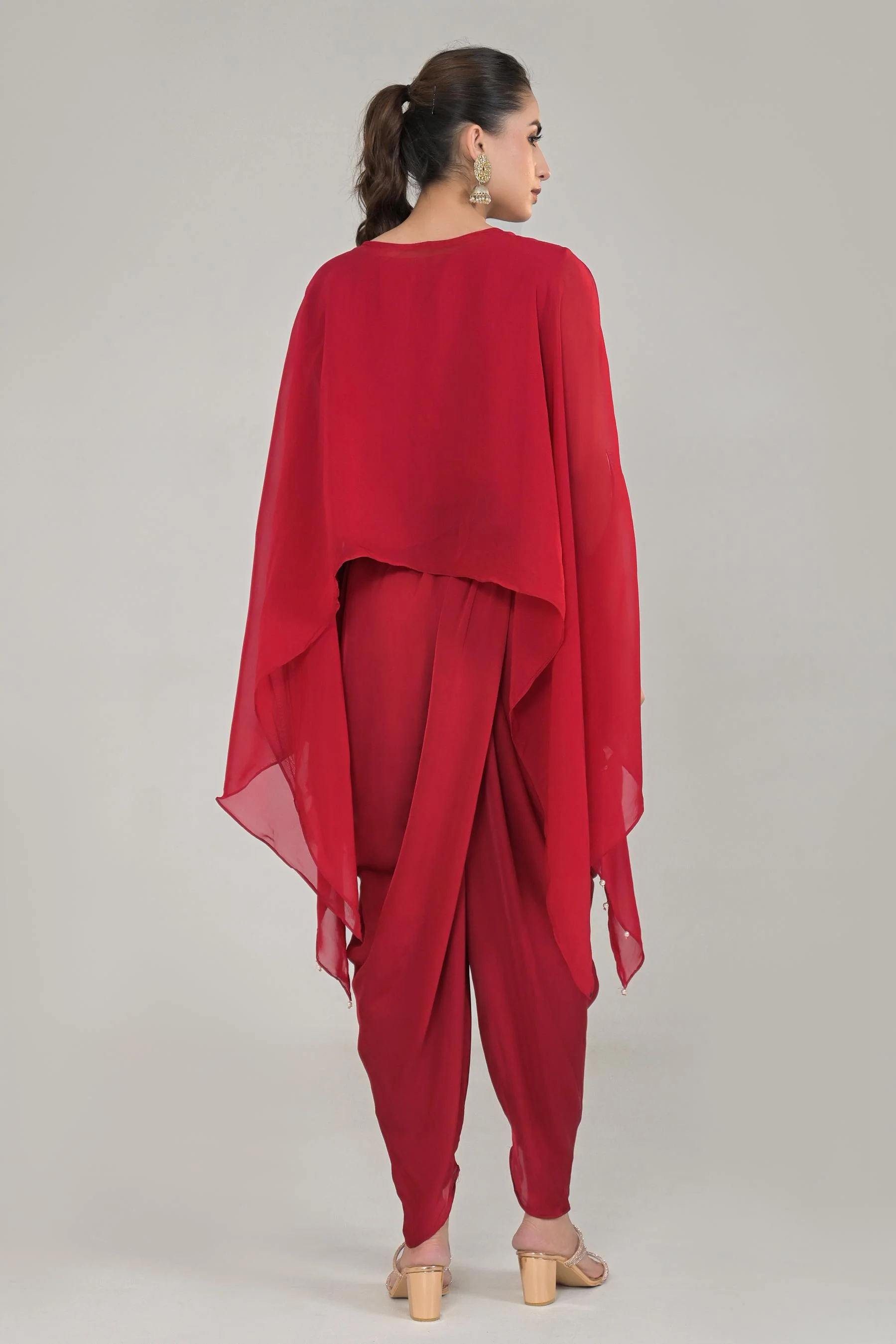 Deep Red Embroidered Organza Silk Kaftan Set - Image 5
