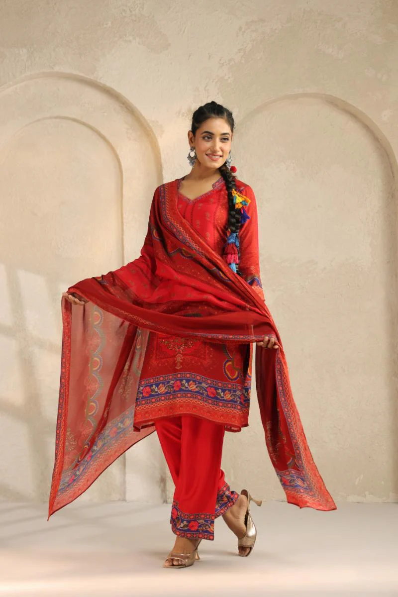 Deep Red Printed Dola Silk Pant Set - Image 3