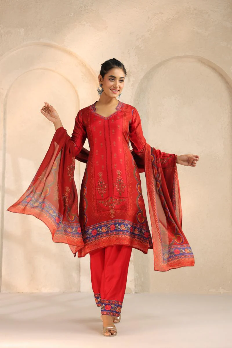 Deep Red Printed Dola Silk Pant Set - Image 4