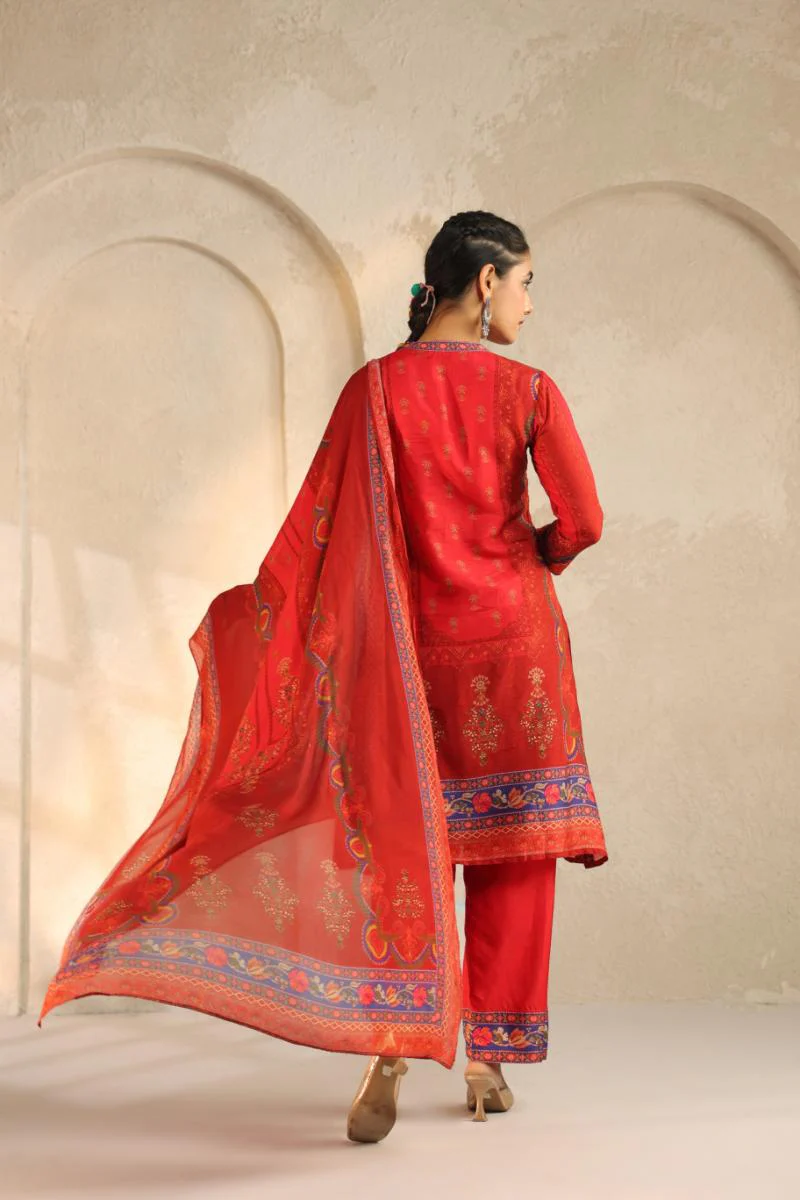 Deep Red Printed Dola Silk Pant Set - Image 5