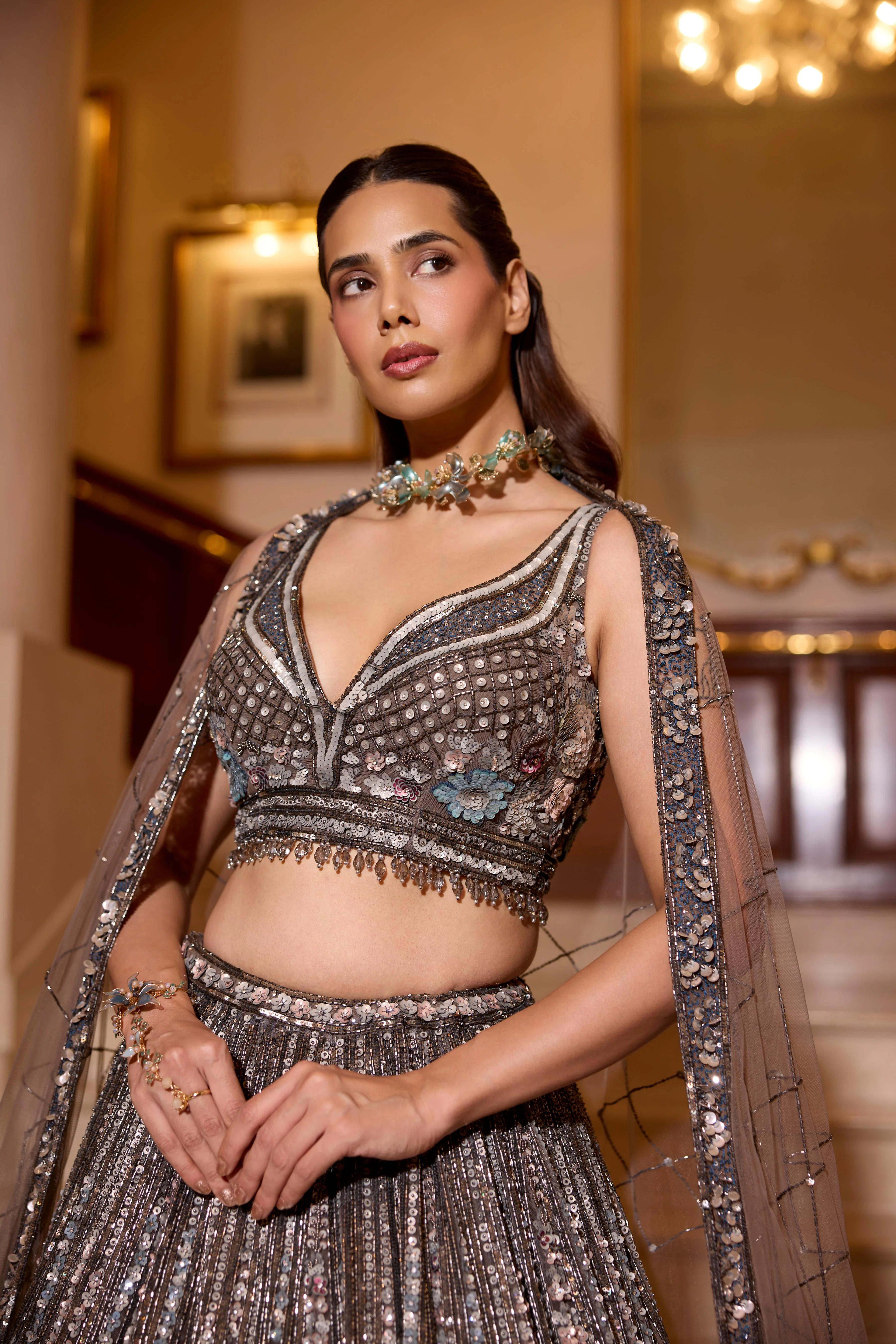 Smoky Grey Embellished Premium Lehenga Set - Image 2