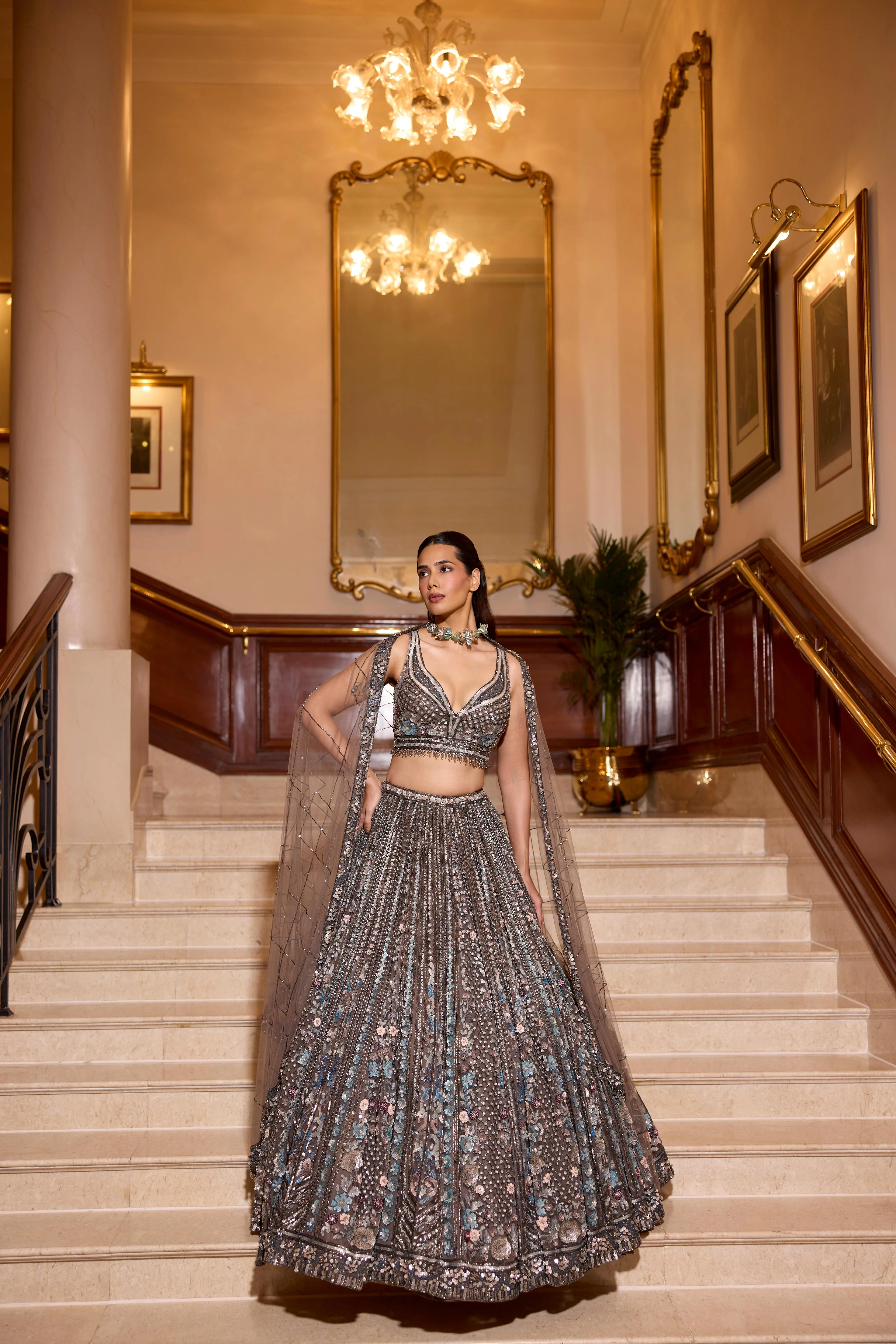 Smoky Grey Embellished Premium Lehenga Set - Image 3