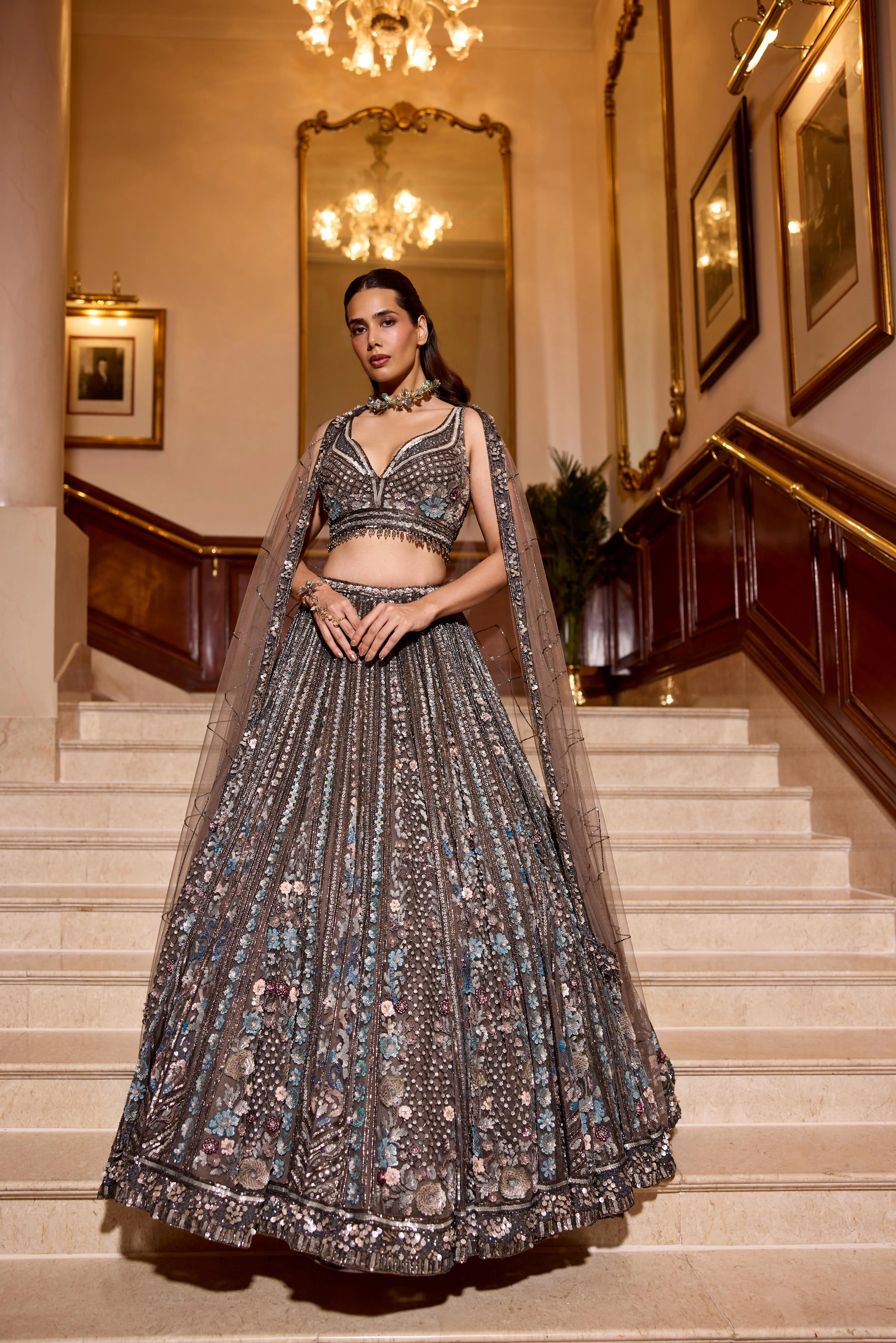 Smoky Grey Embellished Premium Lehenga Set - Image 4