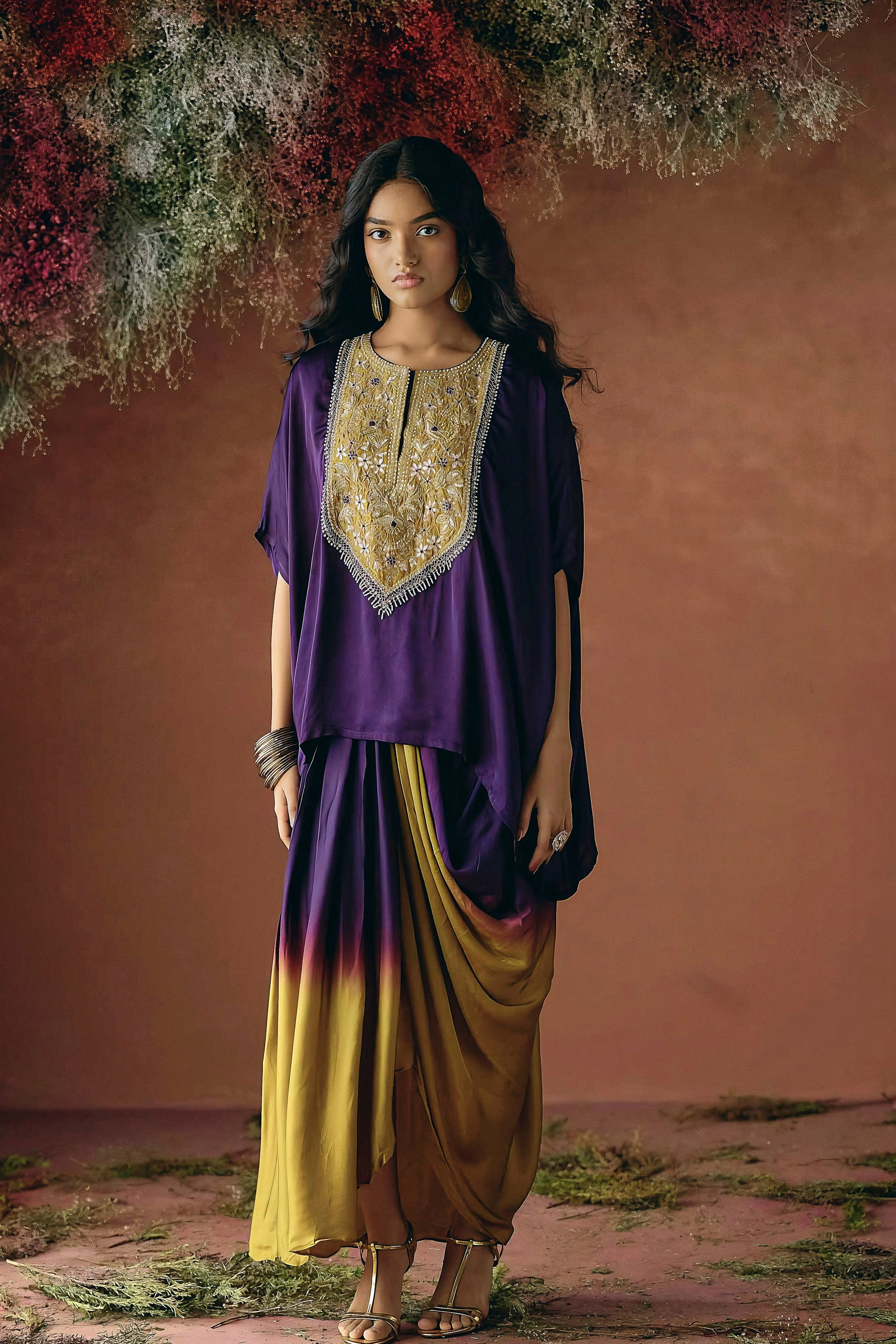 Deep Royal Purple Embellished Satin Silk Kaftan Set