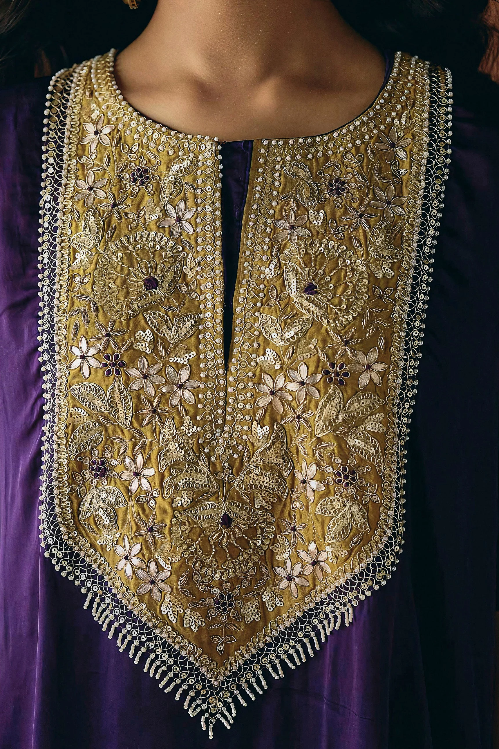 Deep Royal Purple Embellished Satin Silk Kaftan Set - Image 2