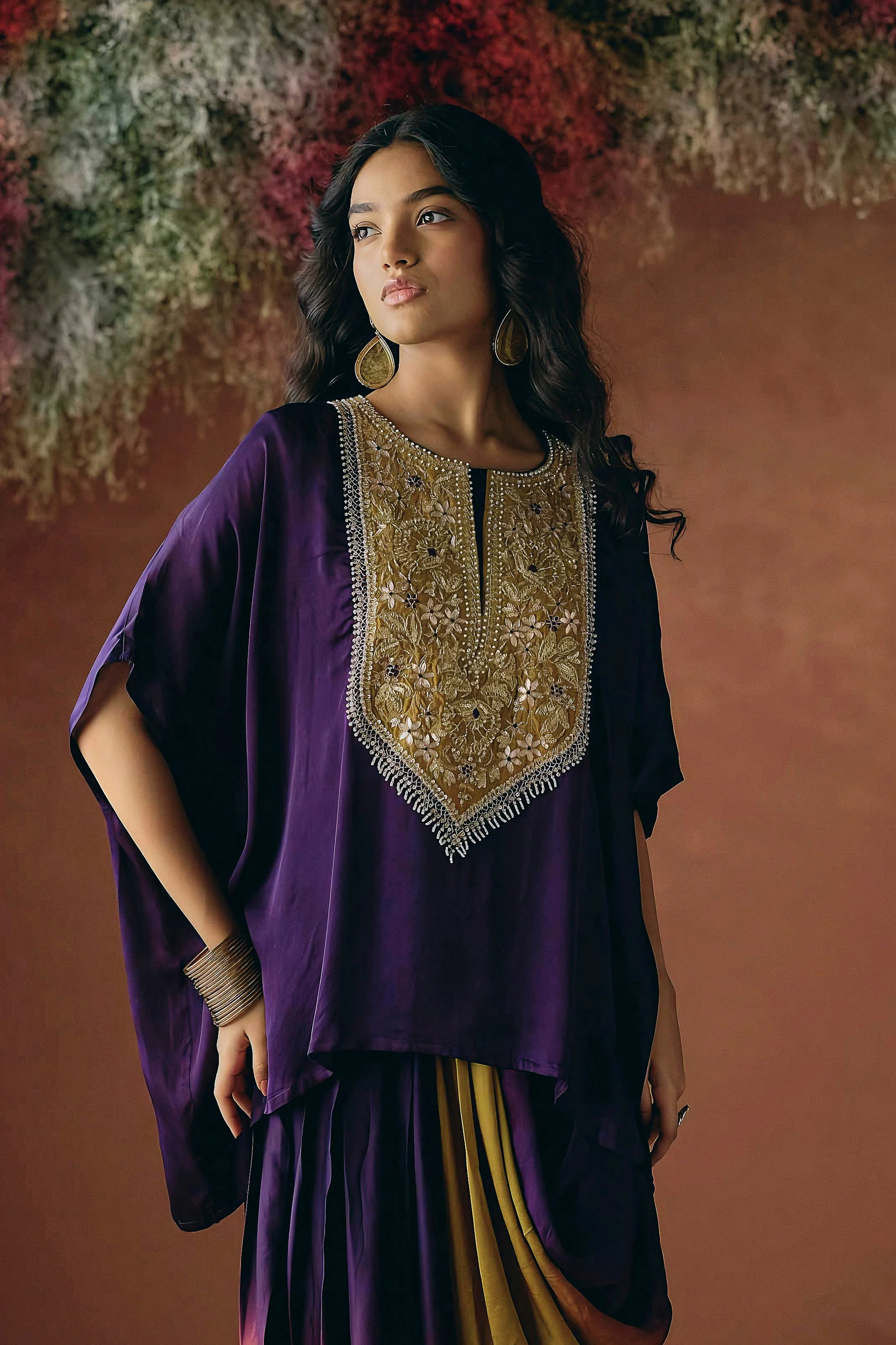 Deep Royal Purple Embellished Satin Silk Kaftan Set - Image 3