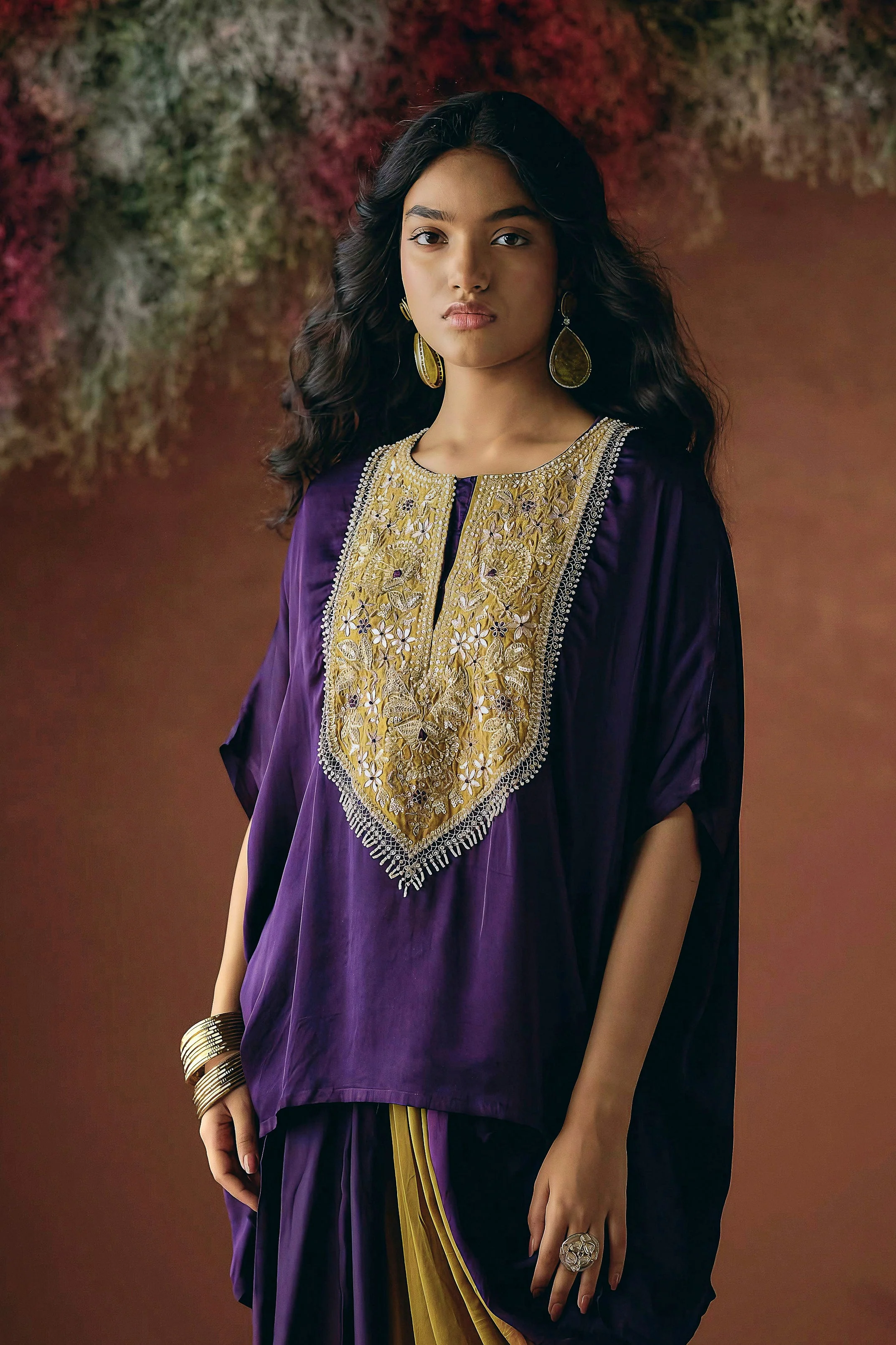 Deep Royal Purple Embellished Satin Silk Kaftan Set - Image 4