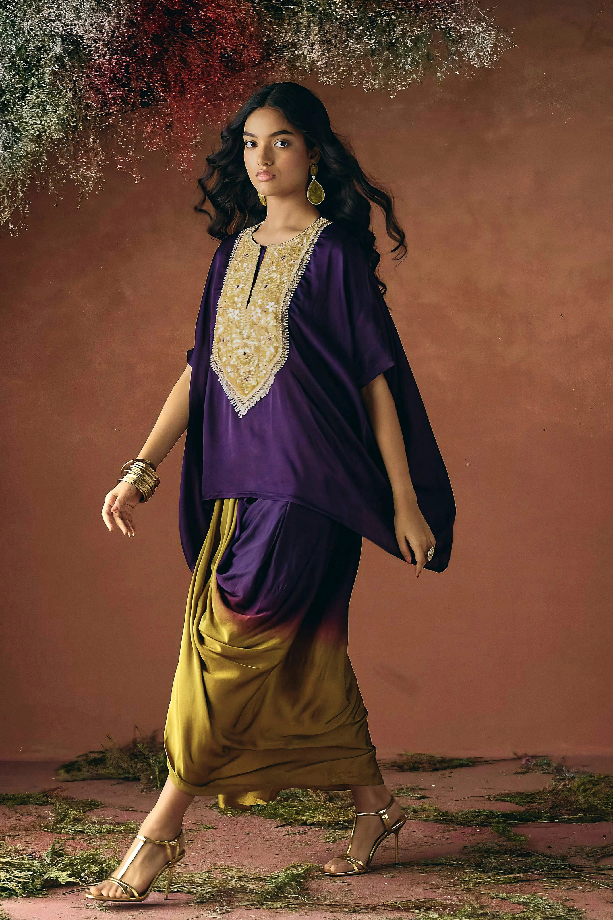 Deep Royal Purple Embellished Satin Silk Kaftan Set - Image 5