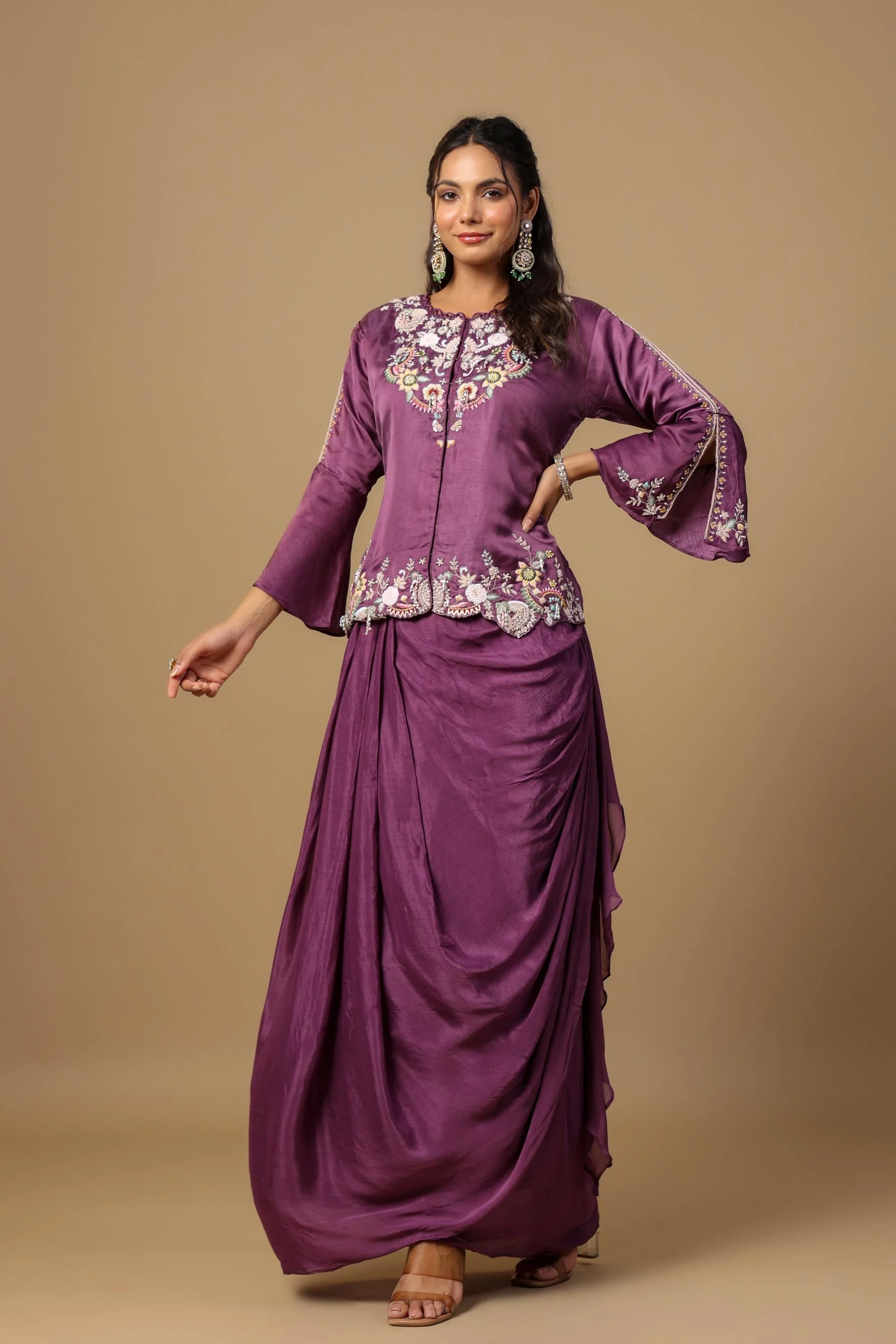 Deep Ruby Embellished Premium Chinon Silk Skirt Set - Image 3