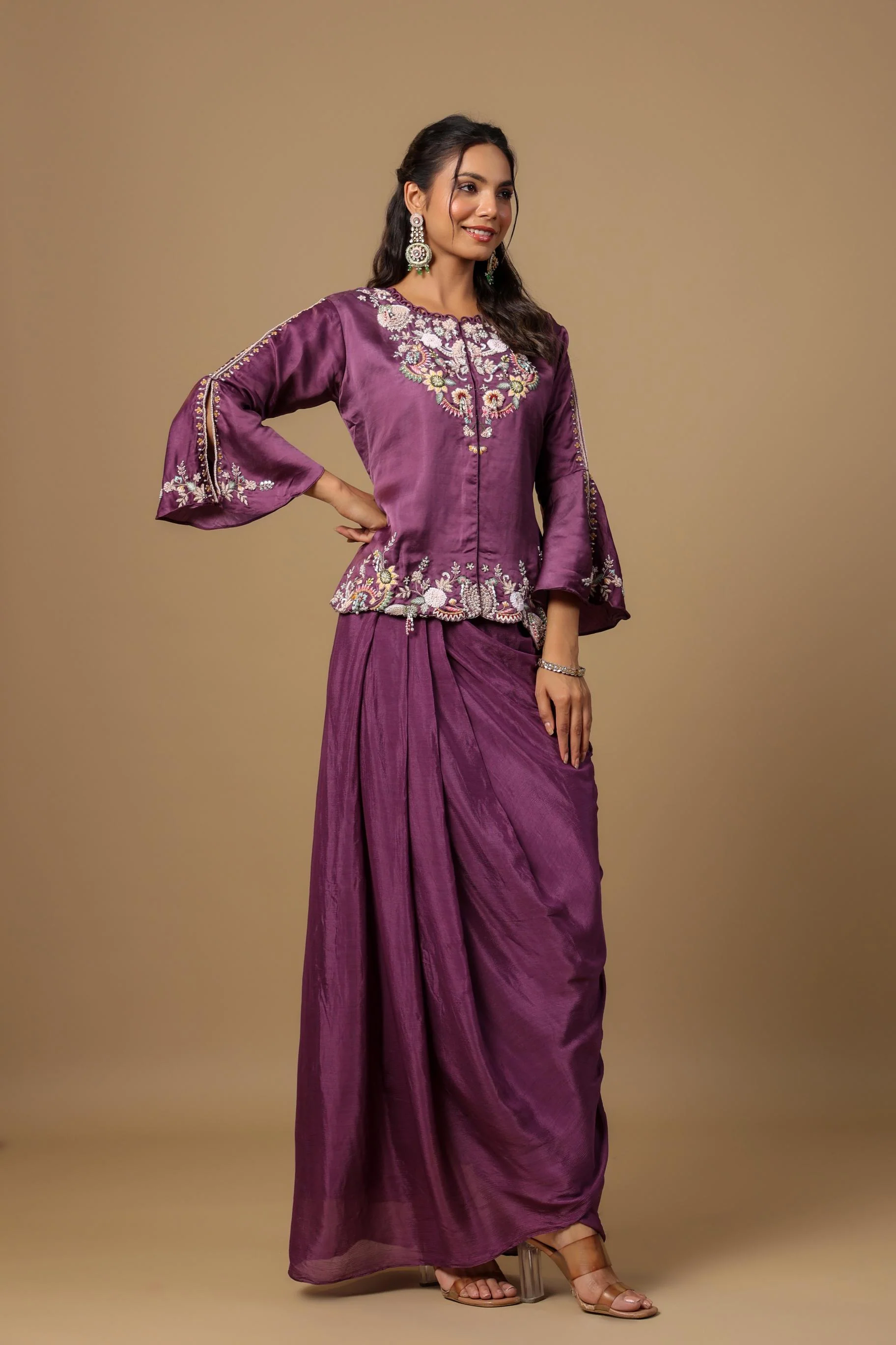 Deep Ruby Embellished Premium Chinon Silk Skirt Set - Image 4