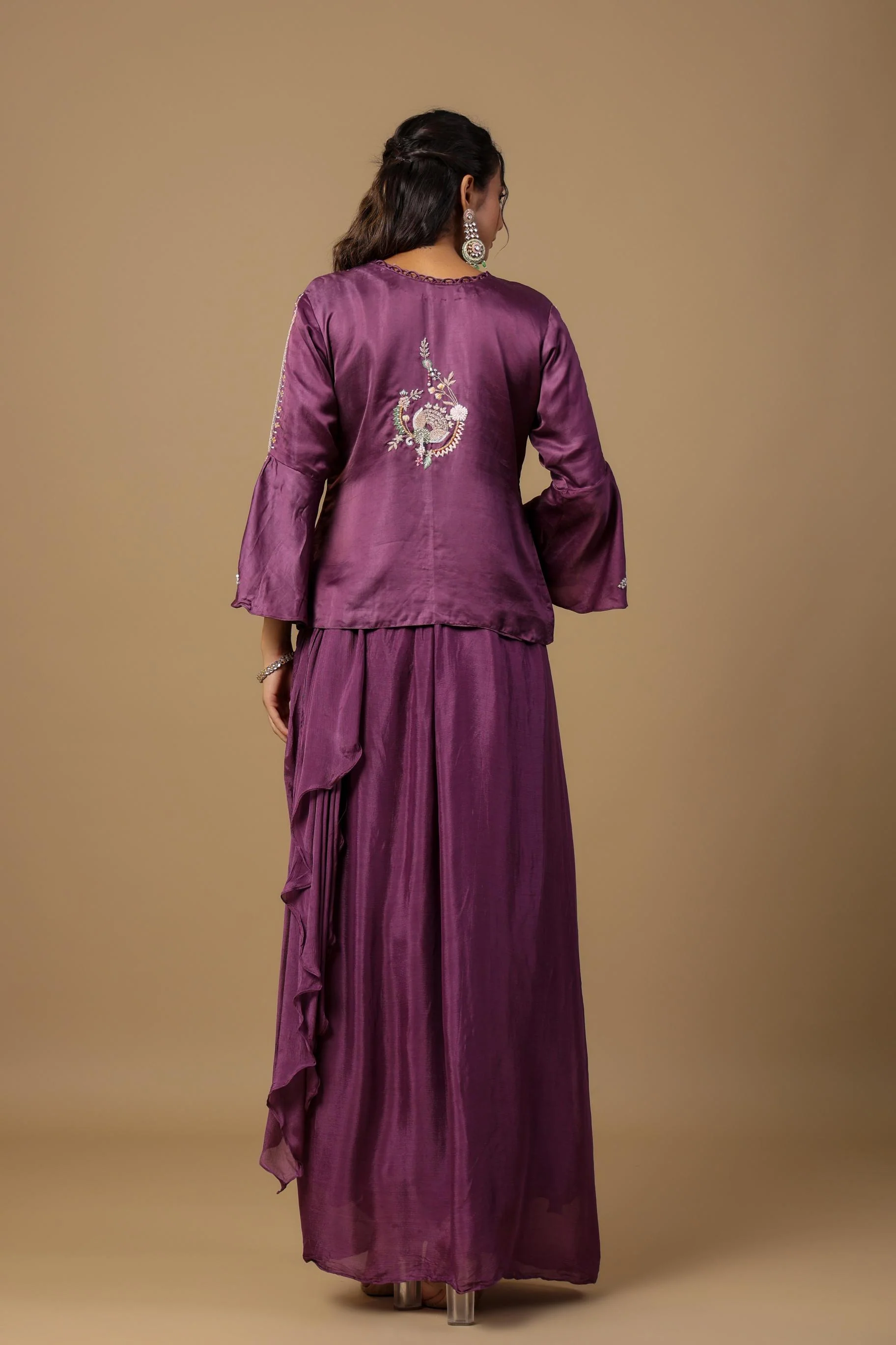 Deep Ruby Embellished Premium Chinon Silk Skirt Set - Image 5