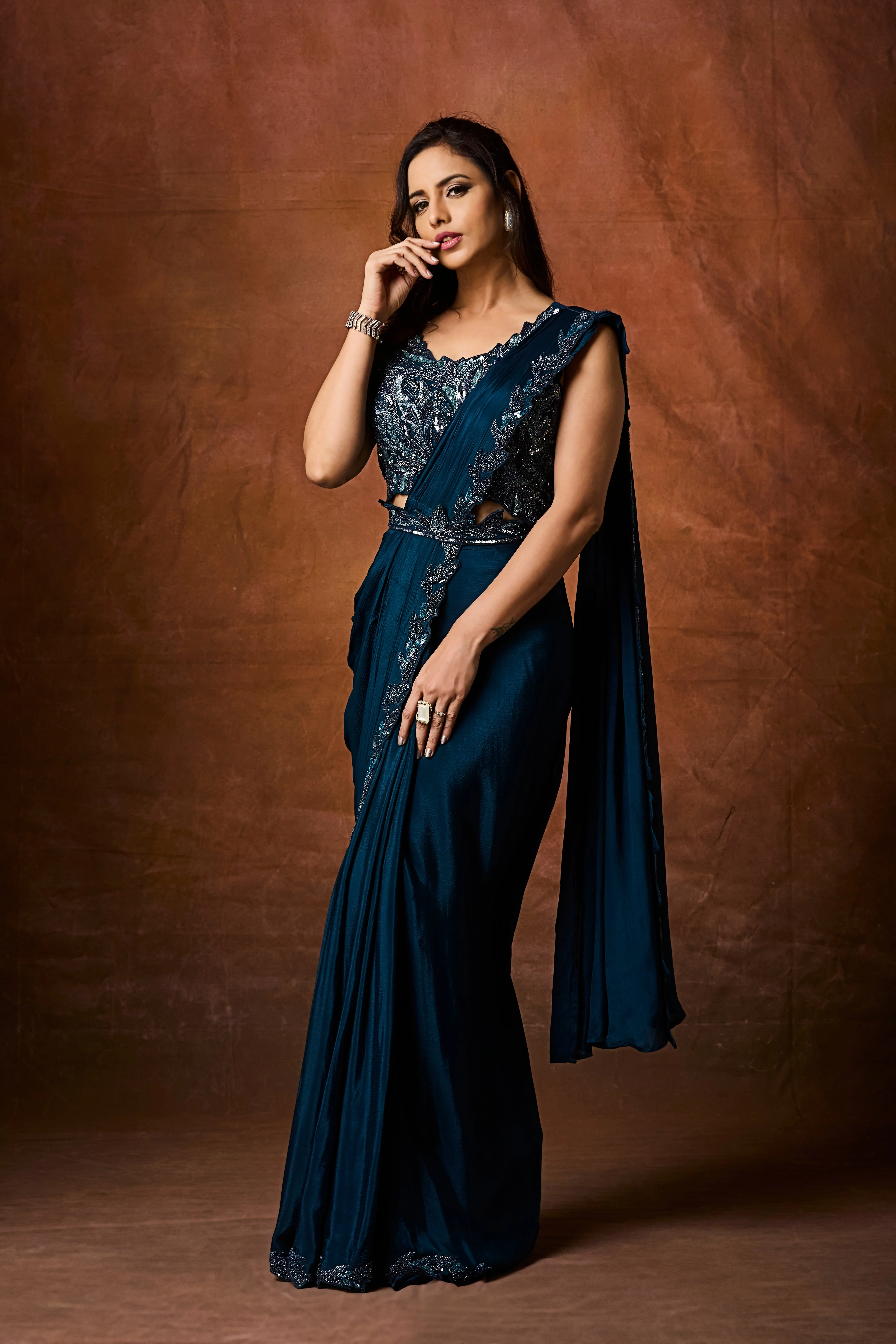 Dark Teal Embellished Chinon Silk Drape Saree - Image 3