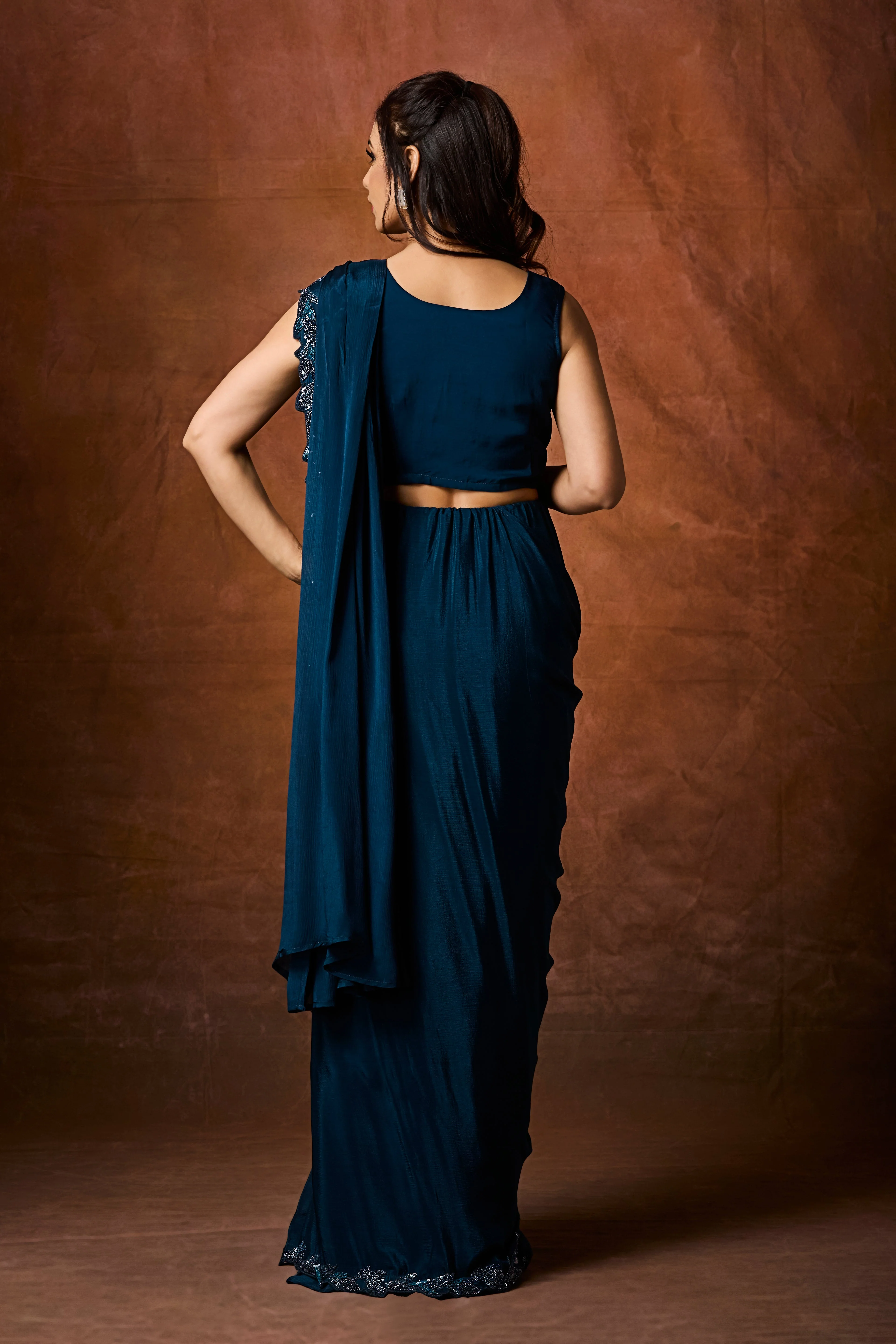 Dark Teal Embellished Chinon Silk Drape Saree - Image 5