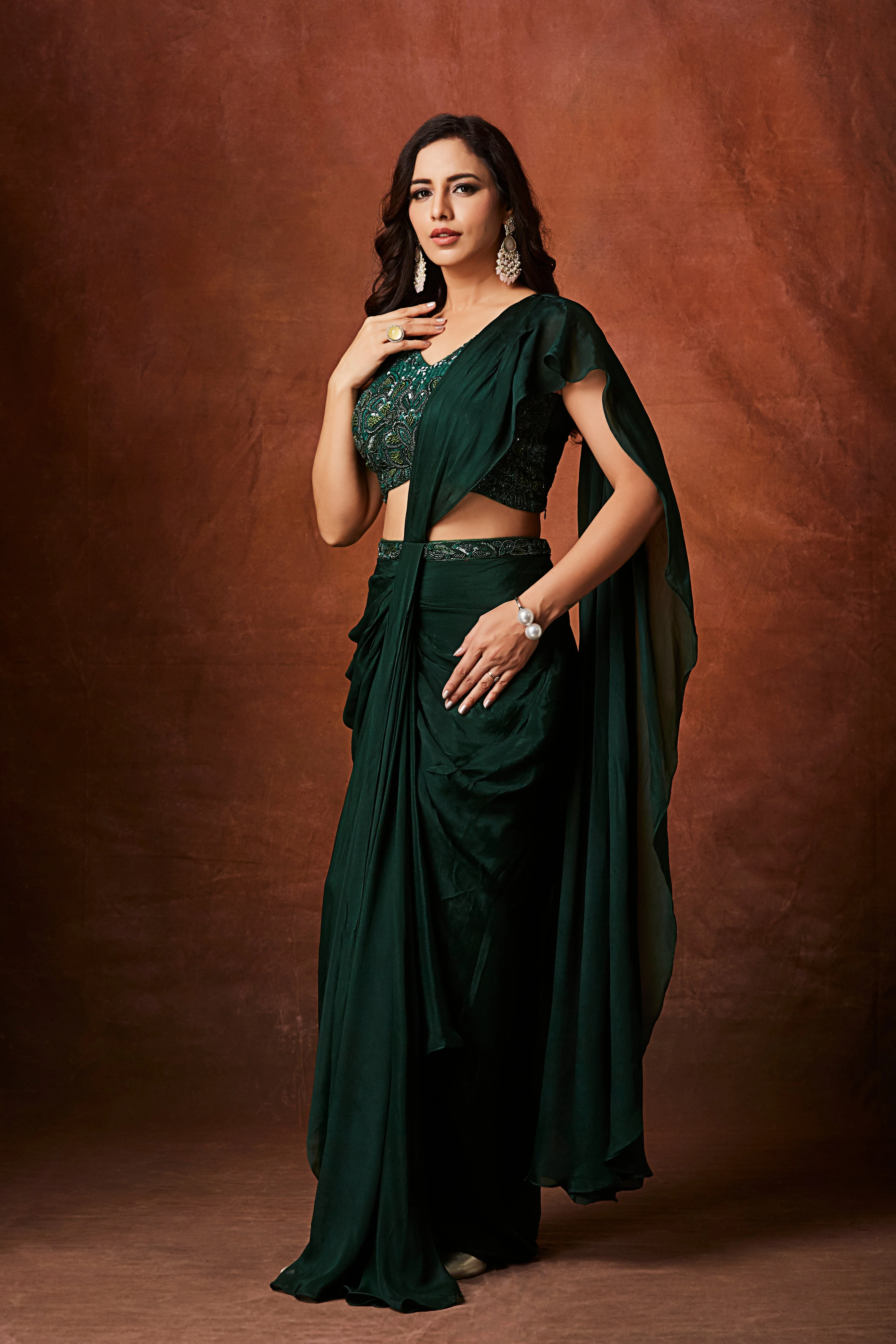 Deep Emerald Green Embellished Chinon Silk Drape Saree - Image 3