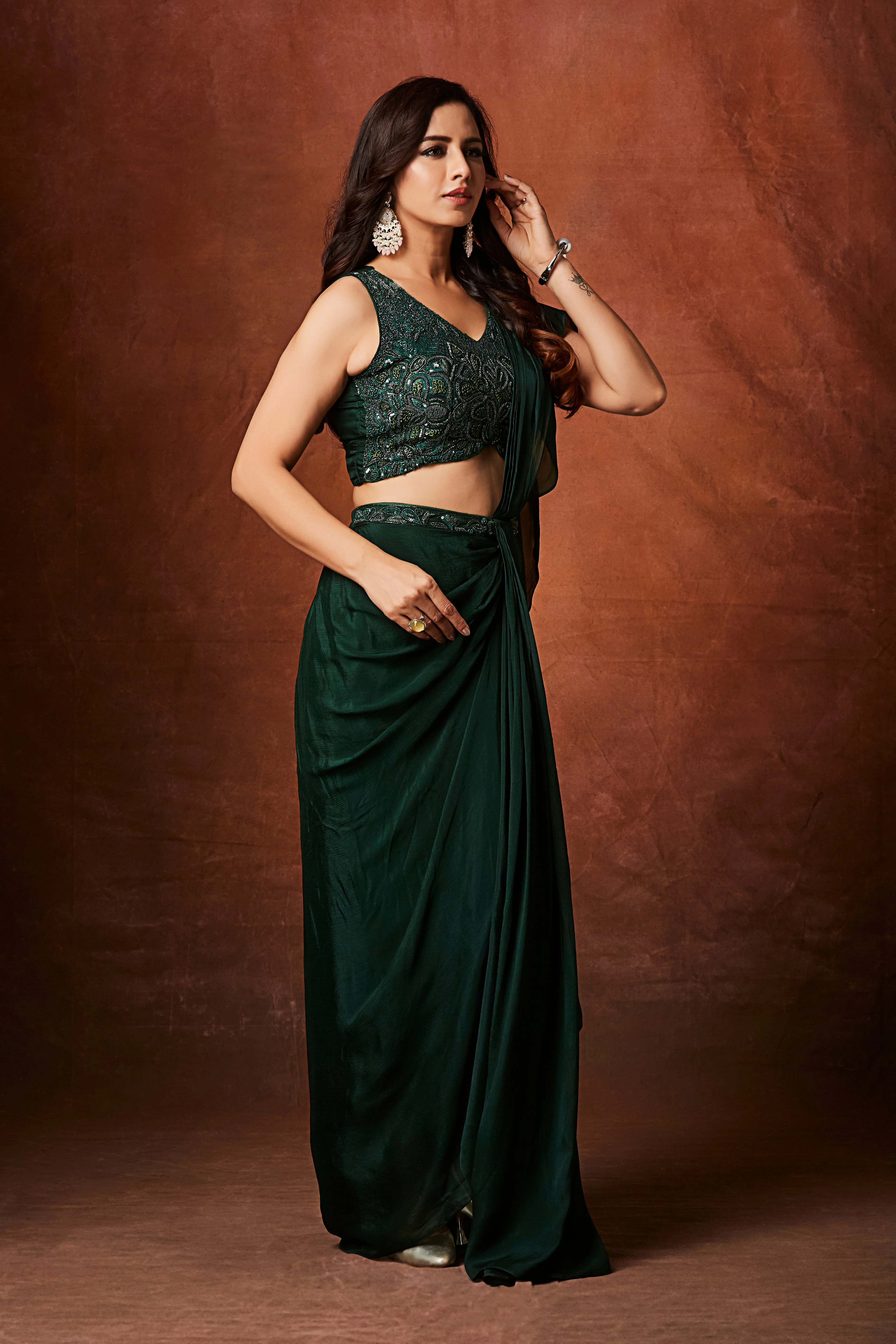 Deep Emerald Green Embellished Chinon Silk Drape Saree - Image 4