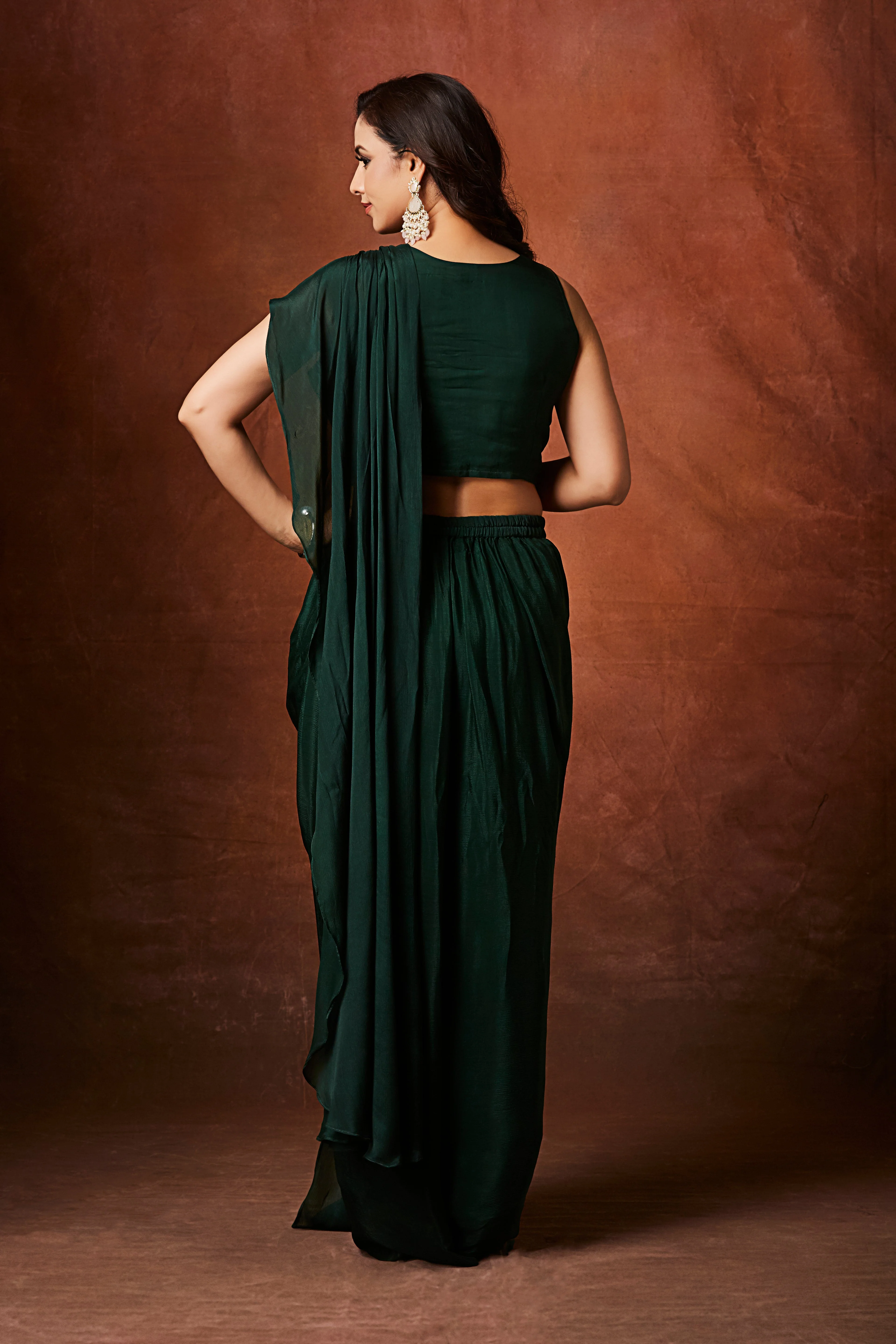 Deep Emerald Green Embellished Chinon Silk Drape Saree - Image 5