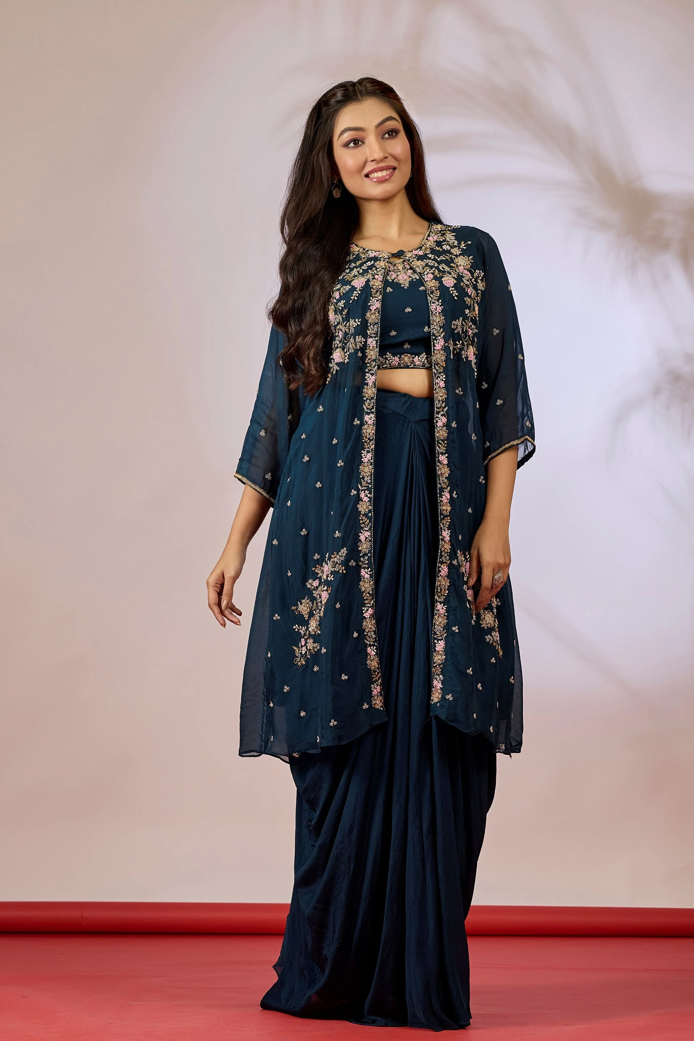 Deep Teal Embellished Chinon Silk Cape Set - Image 3
