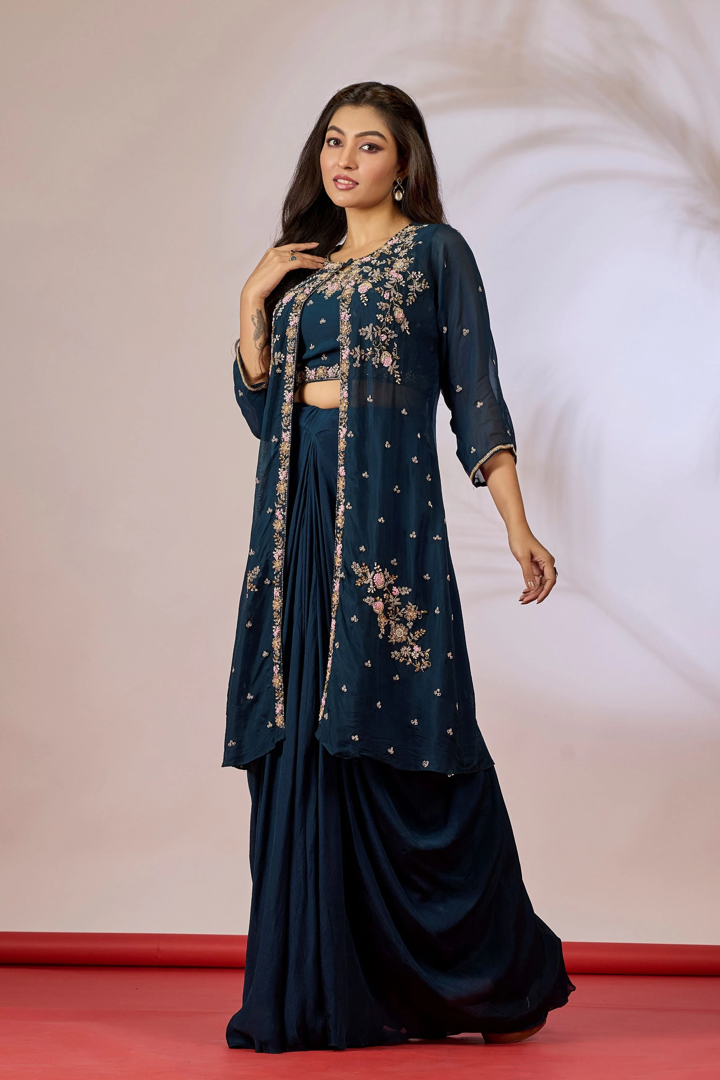 Deep Teal Embellished Chinon Silk Cape Set - Image 4