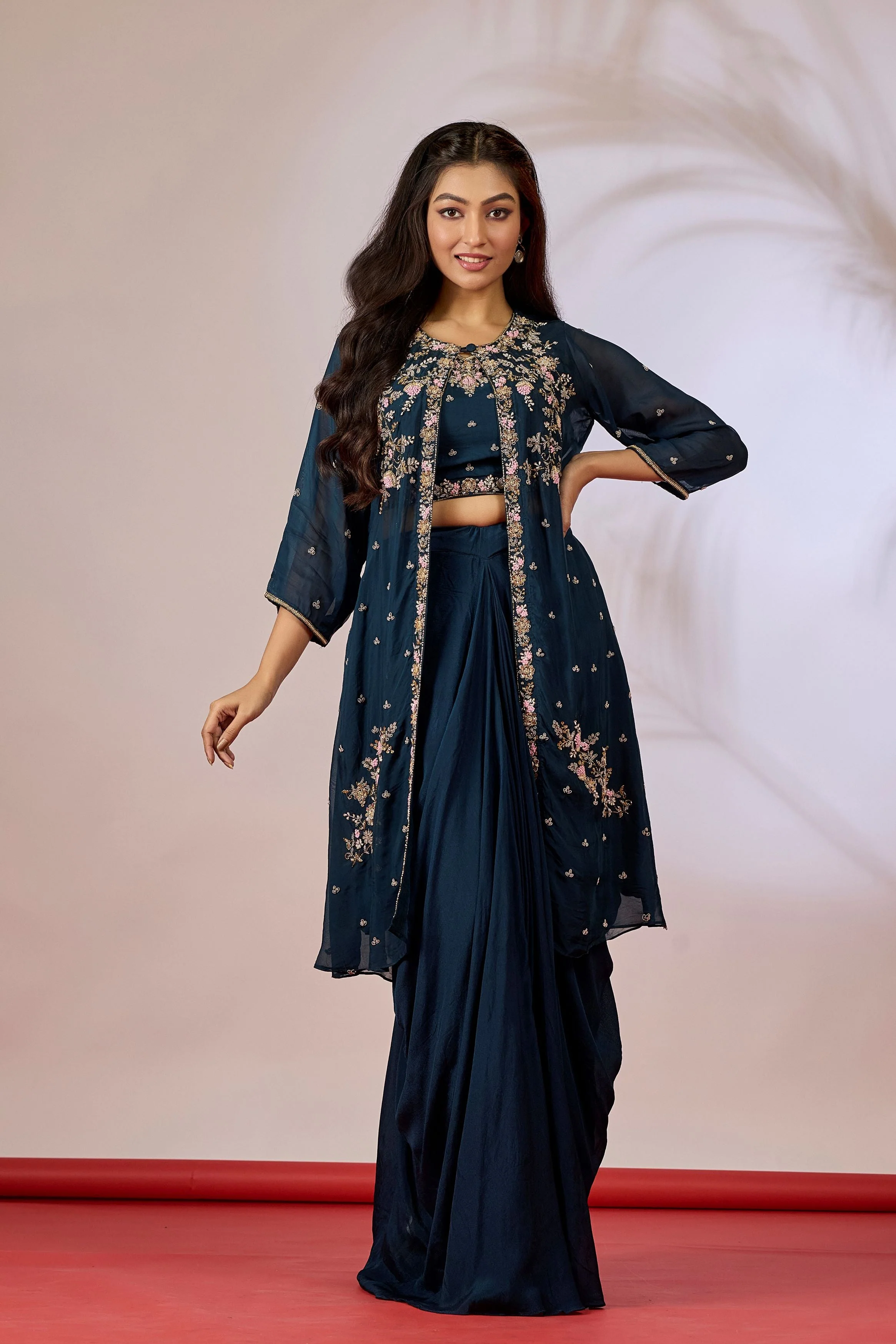 Deep Teal Embellished Chinon Silk Cape Set - Image 5