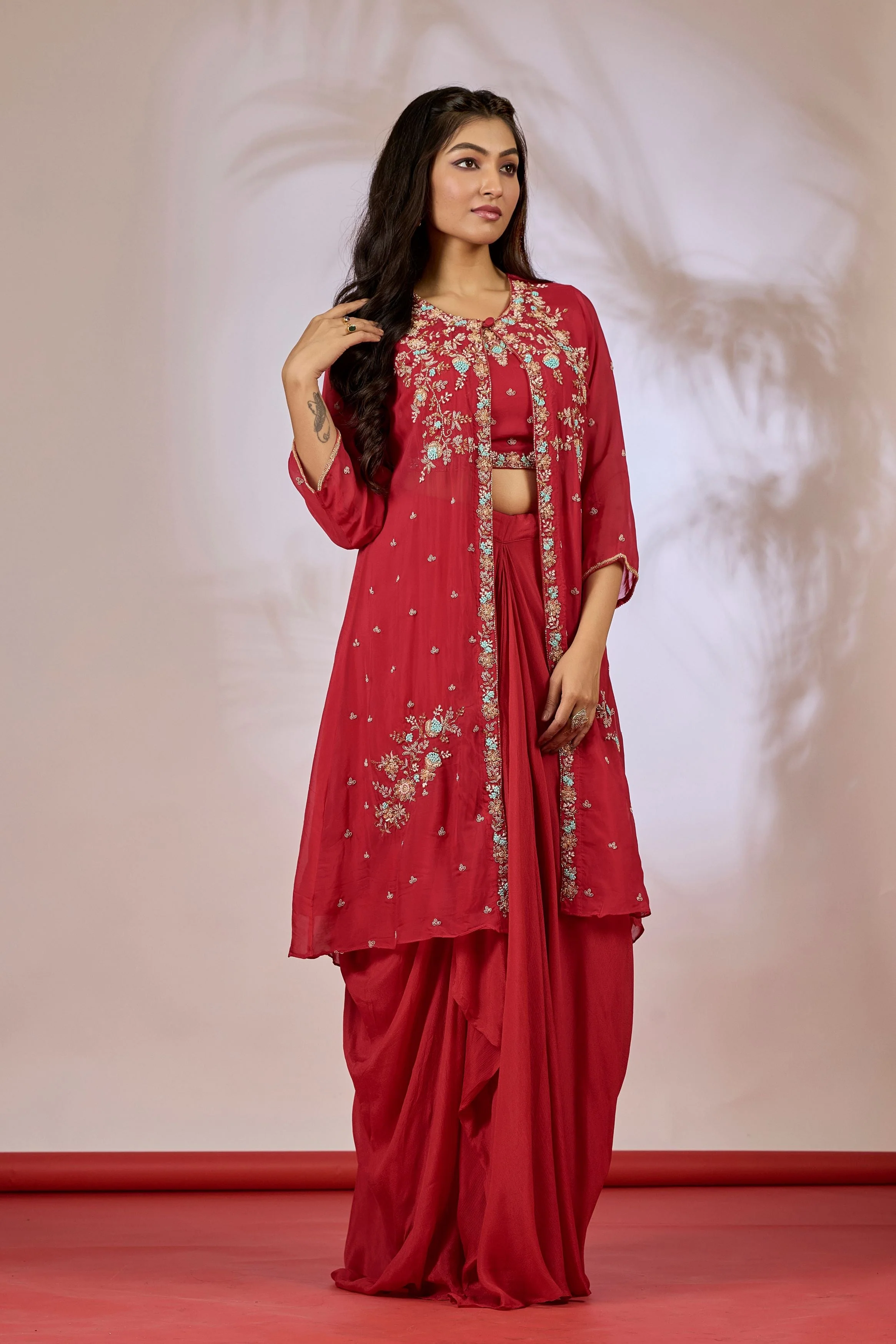 Rose Red Embellished Chinon Silk Cape Set - Image 3